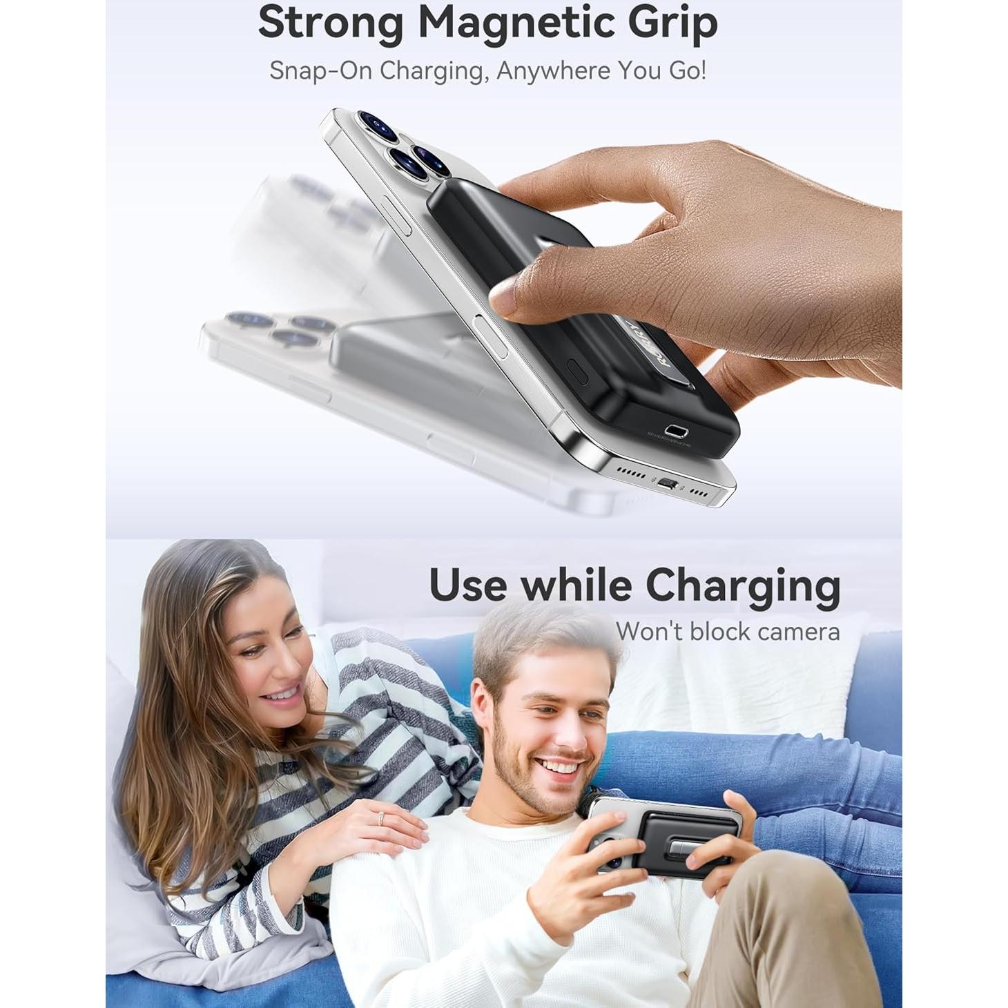 for Magsafe Battery Pack, Qi2 Certificated 10,000mAh Fast Charging Magnetic Power Bank, 20W USB C Portable Wireless Charger for iPhone with Foldable Stand, Compatible with iPhone 17/16/15,Black