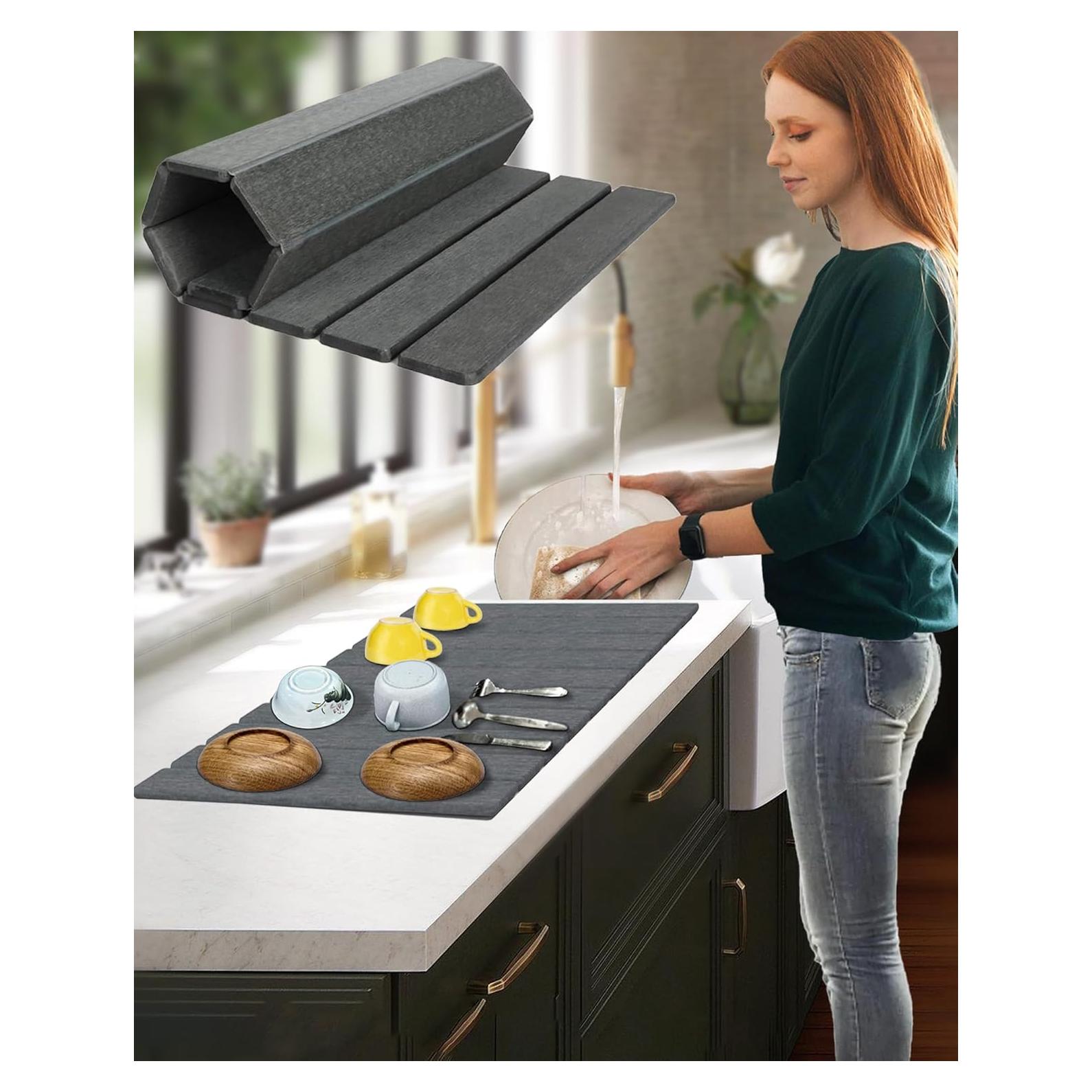 Large Stone Dish Drying Mat for Kitchen Counter, 24x16 Inches Foldable Food Grade Super Absorbent Diatomaceous Earth Mats with Self-drying for Dishes Sink Bathtub, Dark Gray