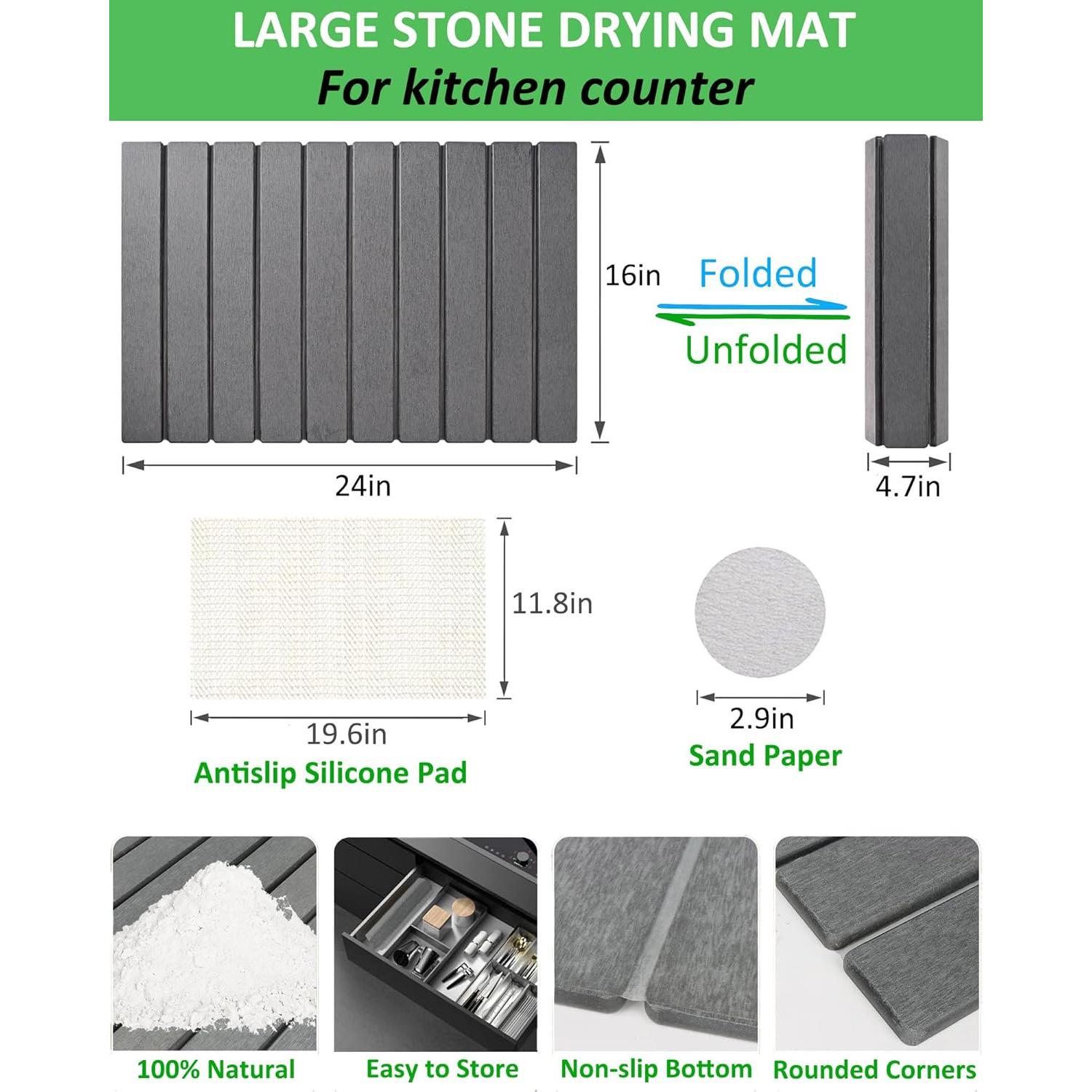 Large Stone Dish Drying Mat for Kitchen Counter, 24x16 Inches Foldable Food Grade Super Absorbent Diatomaceous Earth Mats with Self-drying for Dishes Sink Bathtub, Dark Gray