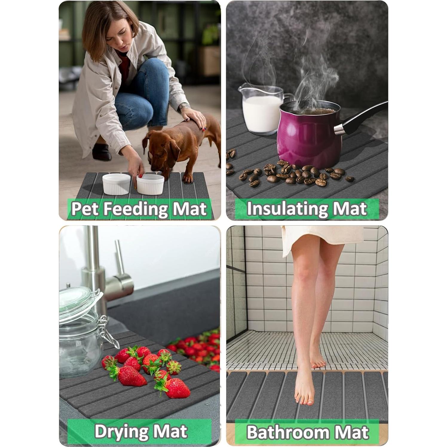 Large Stone Dish Drying Mat for Kitchen Counter, 24x16 Inches Foldable Food Grade Super Absorbent Diatomaceous Earth Mats with Self-drying for Dishes Sink Bathtub, Dark Gray