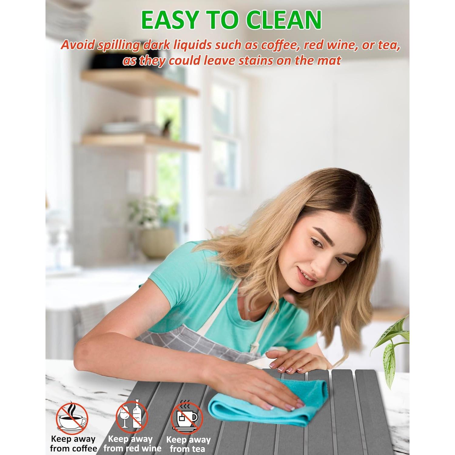 Large Stone Dish Drying Mat for Kitchen Counter, 24x16 Inches Foldable Food Grade Super Absorbent Diatomaceous Earth Mats with Self-drying for Dishes Sink Bathtub, Dark Gray