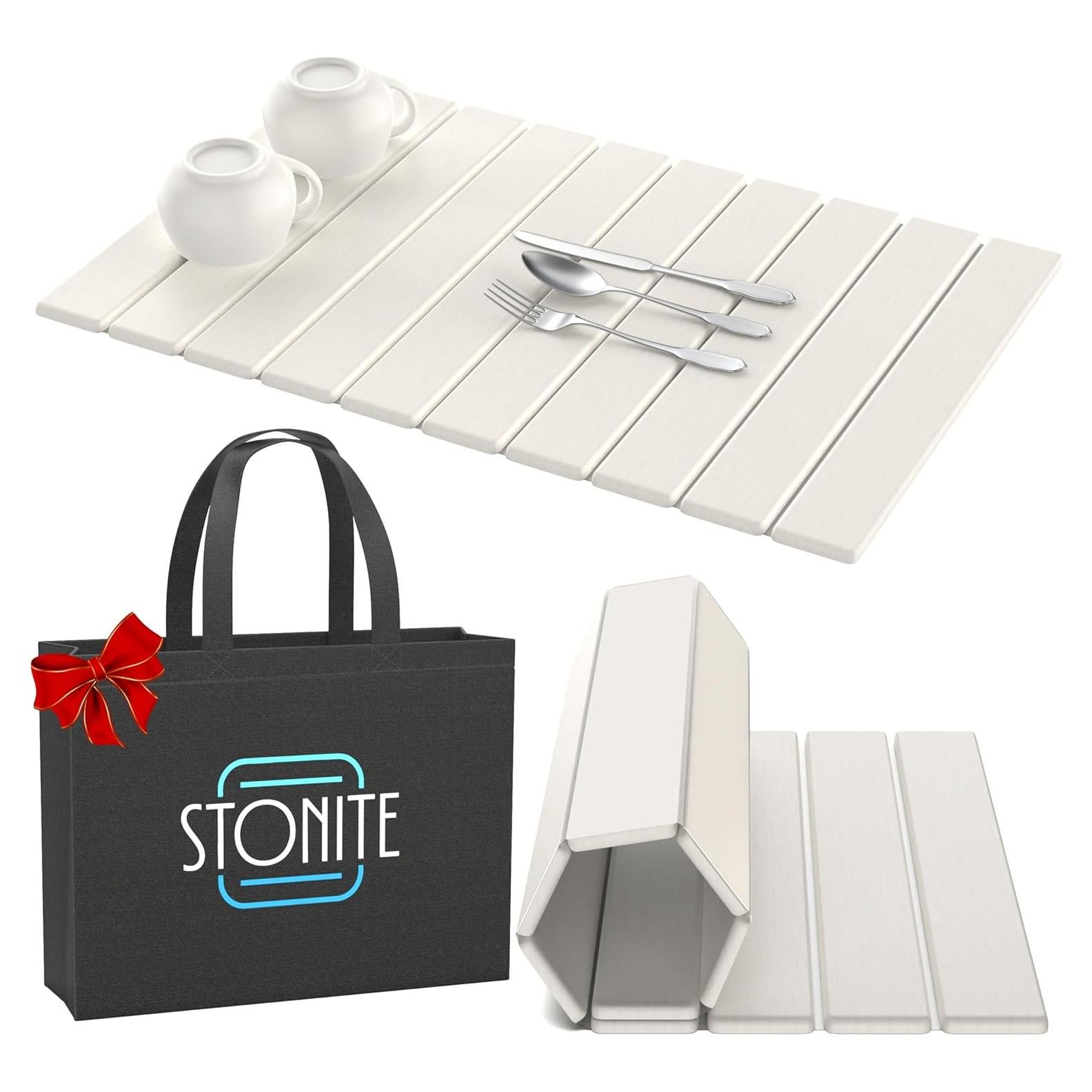 Stone Drying Mat for Kitchen Counter W/ Tote Bag, Large Stone Dish Drying Mat Foldable, Absorbent Diatomaceous Quick Dry Stone Mat Kitchen Dishes Bottles Cups Bathroom Any Countertop 23" x 15.3"