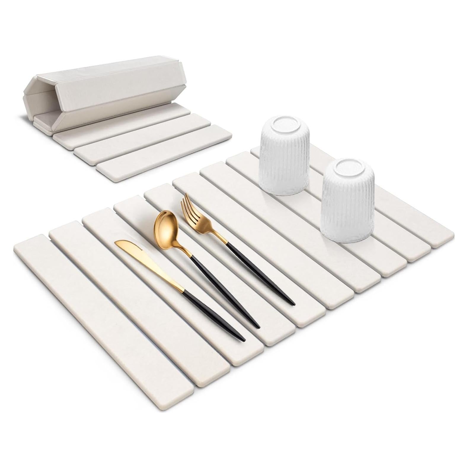 Large Stone Dish Drying Mat for Kitchen Counter, 24"(L)×16"(W), Collapsible Quick Drying Dish Mats, Ultra Absorbent Diatomaceous Earth Mats for Dishes Bottles Cups, Match Any Countertop