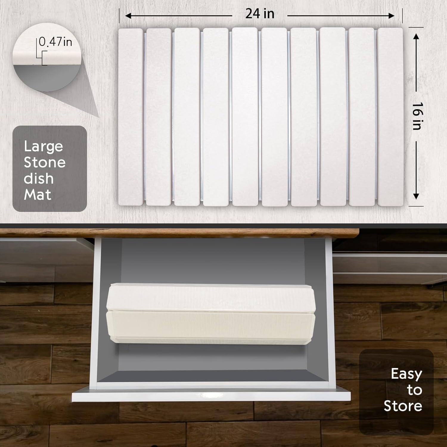 Large Stone Dish Drying Mats for Kitchen Counter, 24"(L)×16"(W), Fast Drying Collapsible Dish Drying Mat, Eco-Friendly Absorbent Diatomaceous Earth Mats for Dishes Bottles Cups, Match Any Countertop