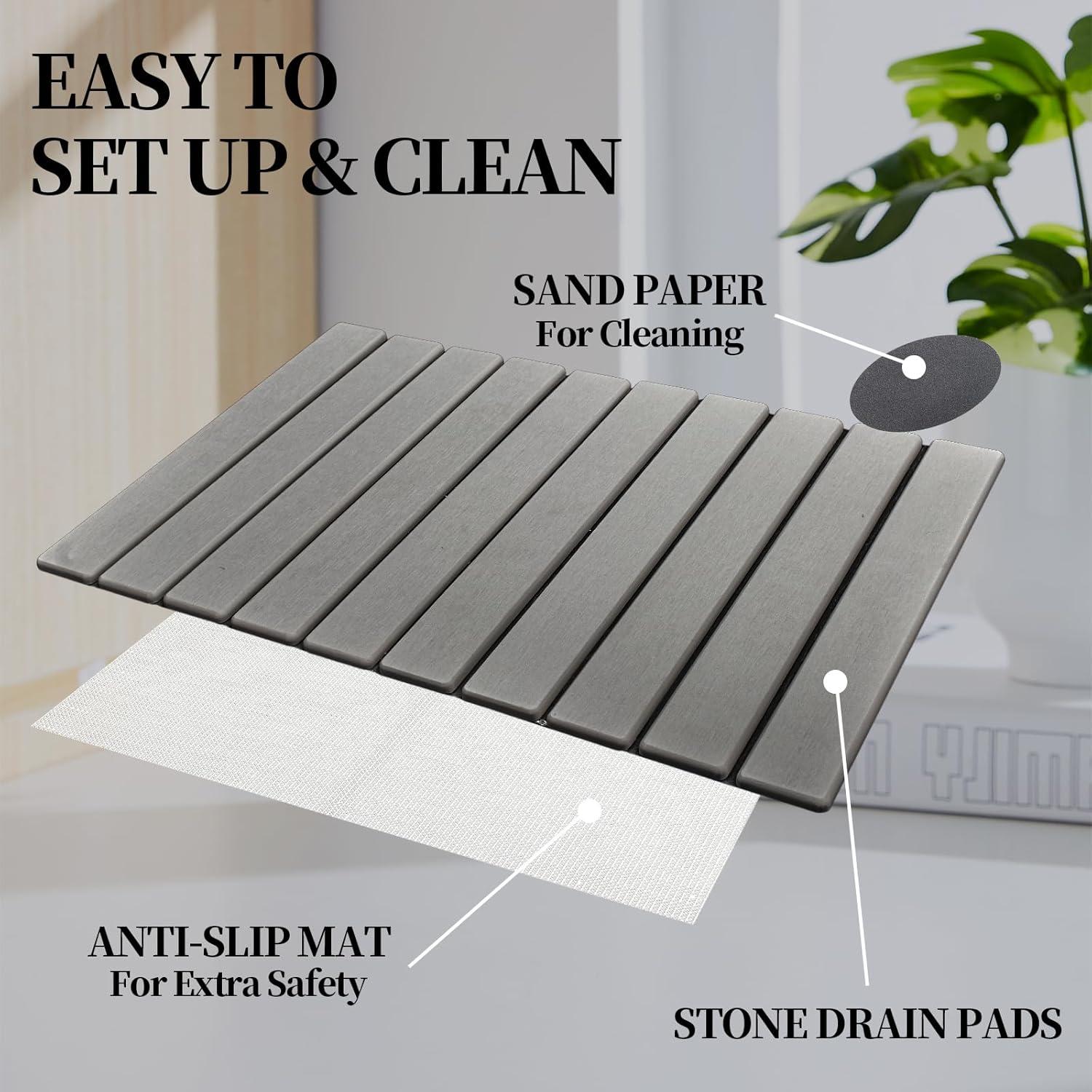 Stone Drying Mat for Kitchen Counter,Dish Drying Mat,24"(L)×16"(W)Fast Water-Absorbing, Environmentally Friendly Diatomite Mat-Gray