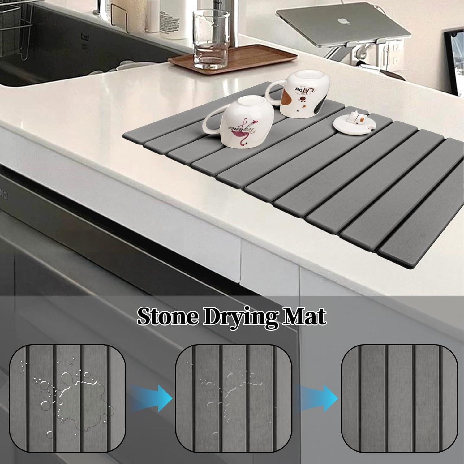 Stone Drying Mat for Kitchen Counter,Dish Drying Mat,24"(L)×16"(W)Fast Water-Absorbing, Environmentally Friendly Diatomite Mat-Gray