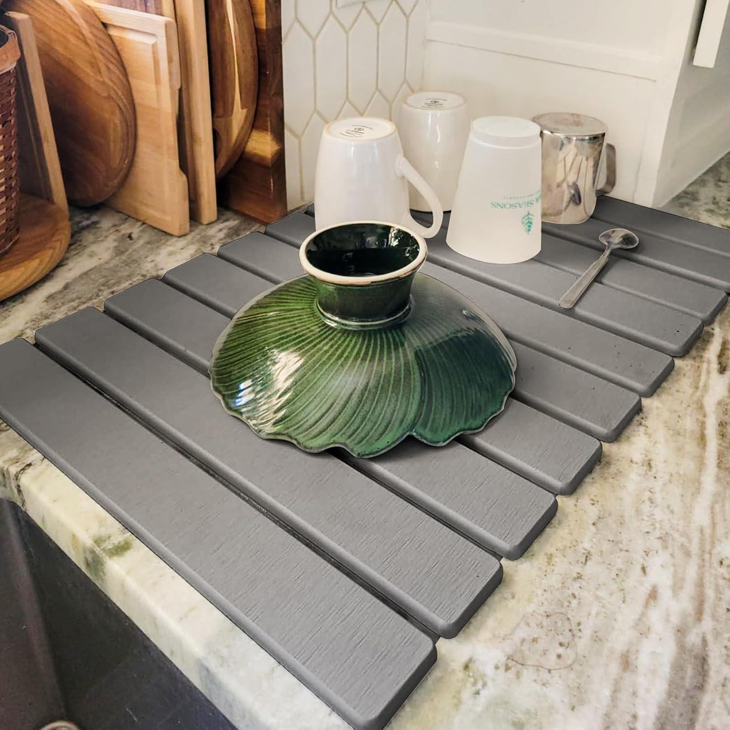 Stone Drying Mat for Kitchen Counter,Dish Drying Mat,24"(L)×16"(W)Fast Water-Absorbing, Environmentally Friendly Diatomite Mat-Gray