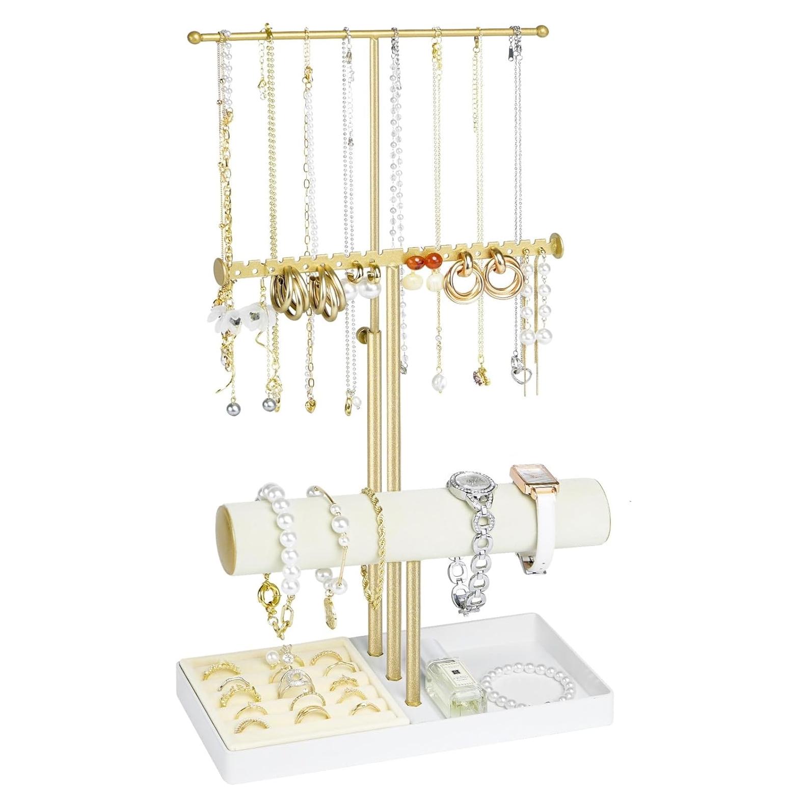 Jenseits 3-Tier Jewelry Holder Organizer:17.1" Adjustable Hanger, Velvet Ring Tray, Metal Aesthetic Display Stand for Necklaces, Earrings, Bracelets, Watches, Gold Jewelry Storage Tower Tree for Women