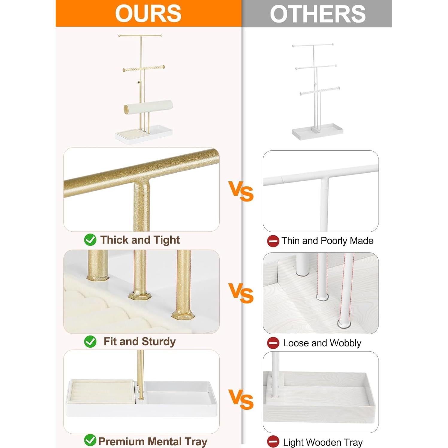 Jenseits 3-Tier Jewelry Holder Organizer:17.1" Adjustable Hanger, Velvet Ring Tray, Metal Aesthetic Display Stand for Necklaces, Earrings, Bracelets, Watches, Gold Jewelry Storage Tower Tree for Women