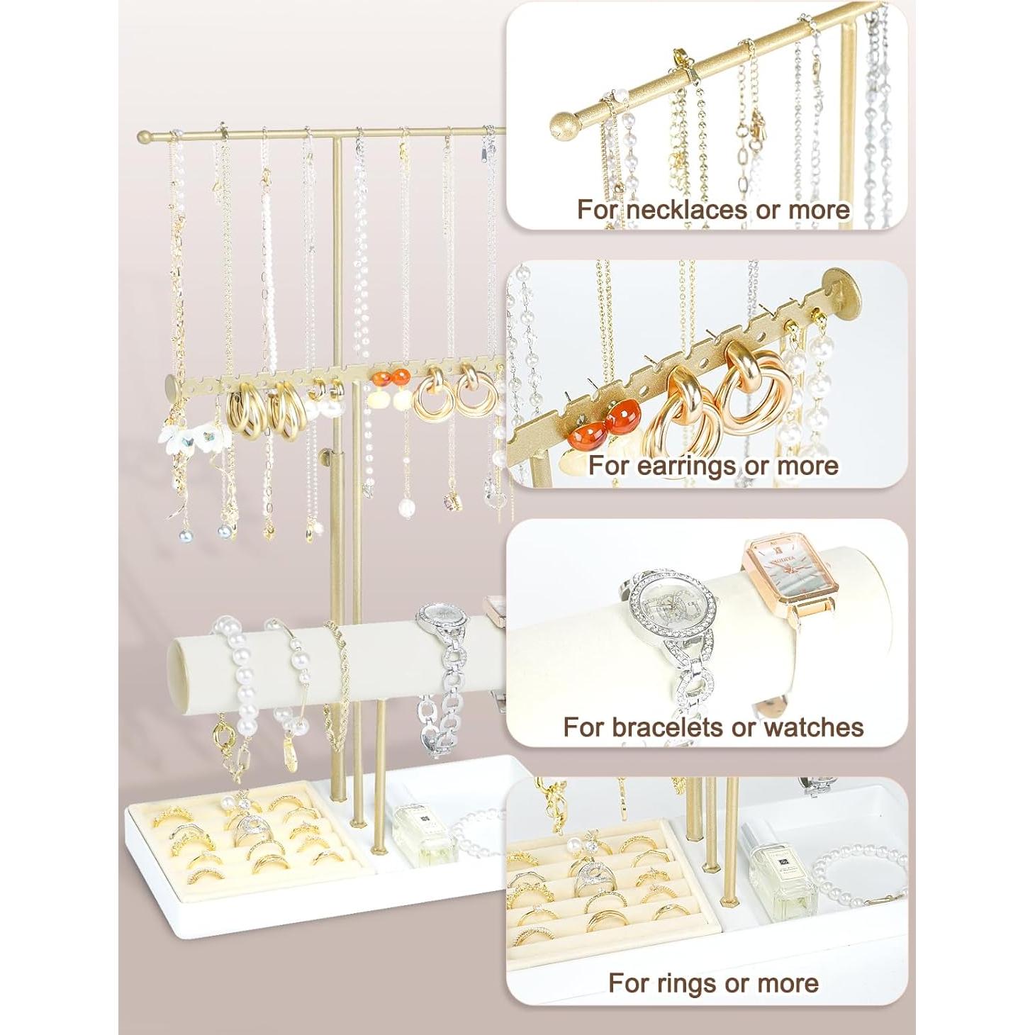 Jenseits 3-Tier Jewelry Holder Organizer:17.1" Adjustable Hanger, Velvet Ring Tray, Metal Aesthetic Display Stand for Necklaces, Earrings, Bracelets, Watches, Gold Jewelry Storage Tower Tree for Women