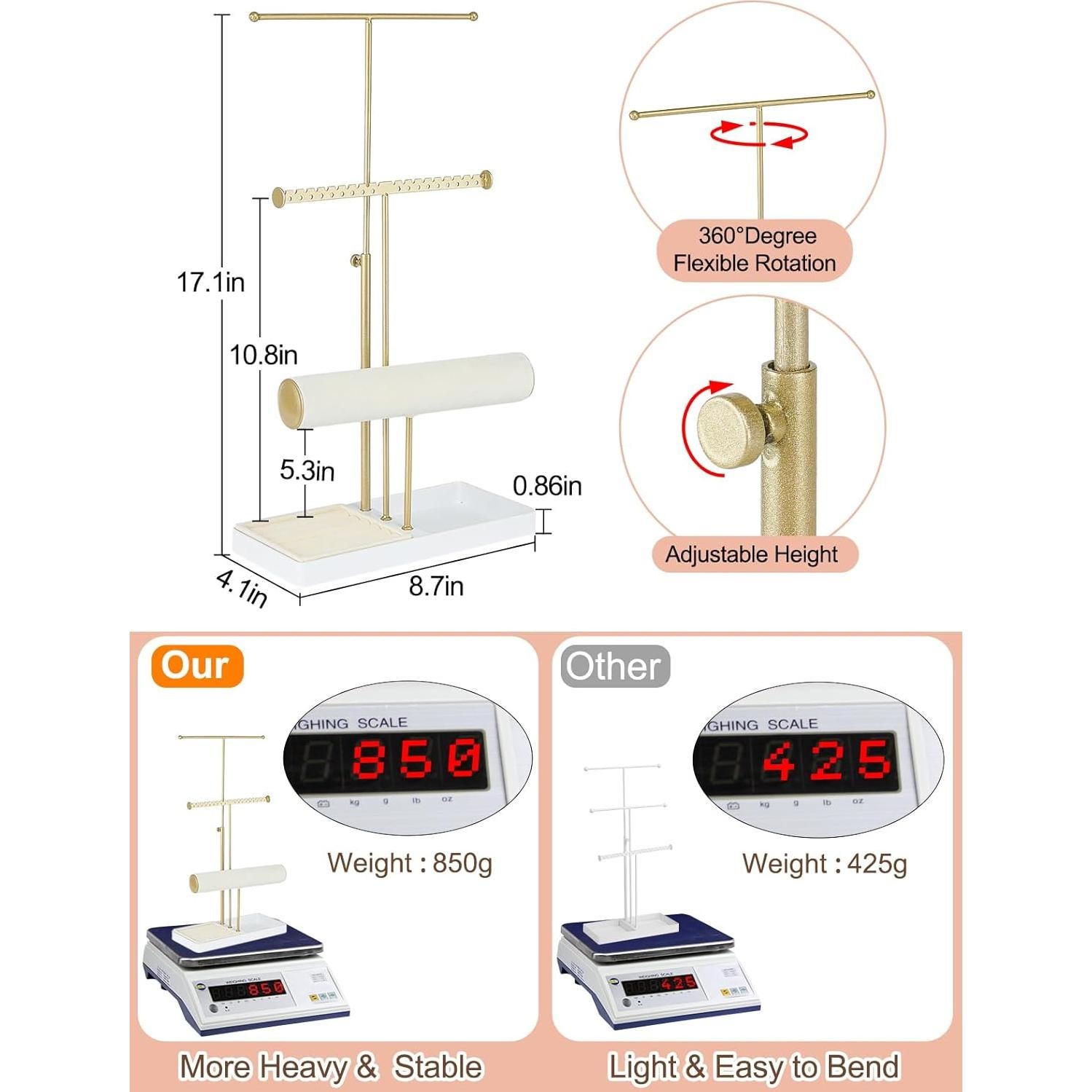 Jenseits 3-Tier Jewelry Holder Organizer:17.1" Adjustable Hanger, Velvet Ring Tray, Metal Aesthetic Display Stand for Necklaces, Earrings, Bracelets, Watches, Gold Jewelry Storage Tower Tree for Women