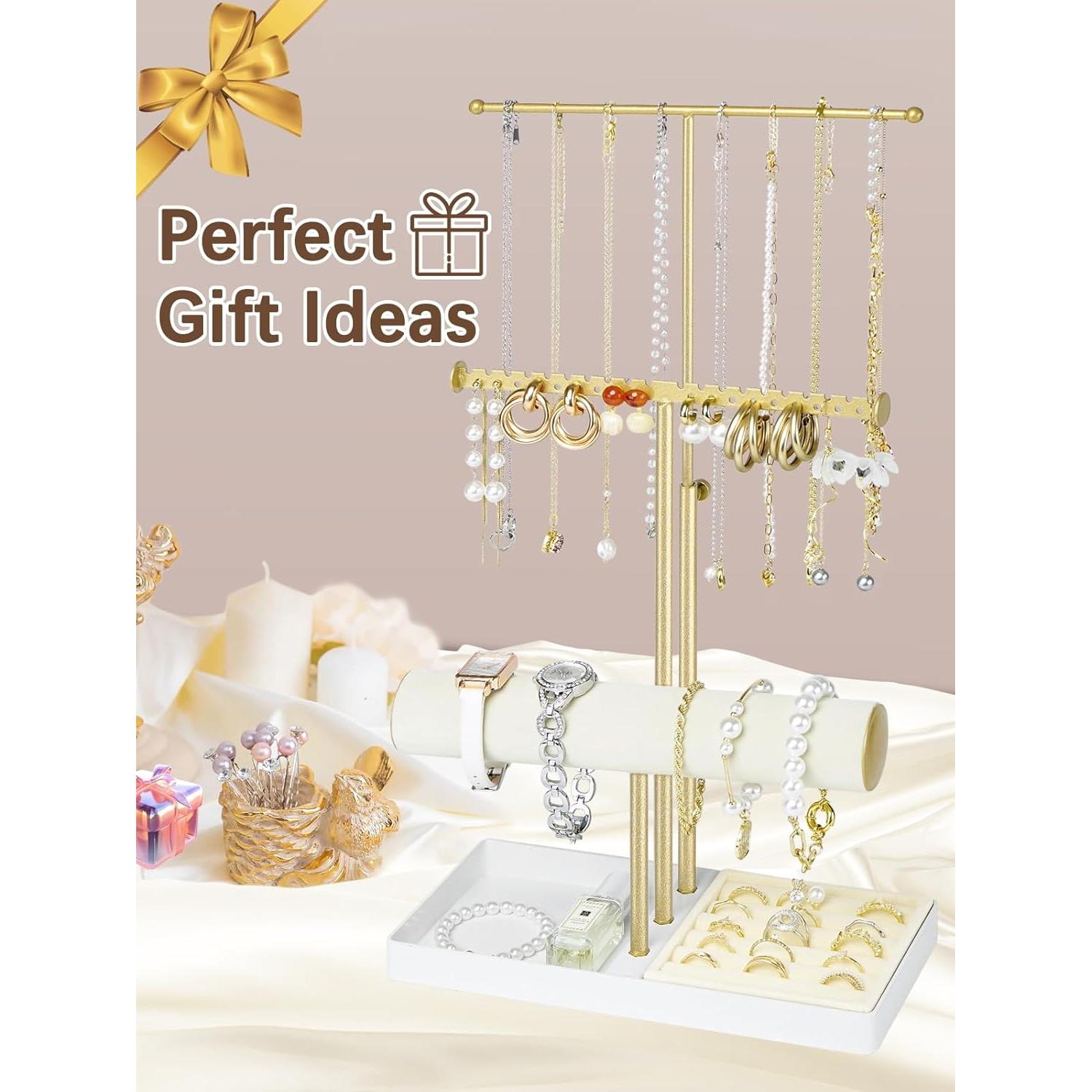 Jenseits 3-Tier Jewelry Holder Organizer:17.1" Adjustable Hanger, Velvet Ring Tray, Metal Aesthetic Display Stand for Necklaces, Earrings, Bracelets, Watches, Gold Jewelry Storage Tower Tree for Women