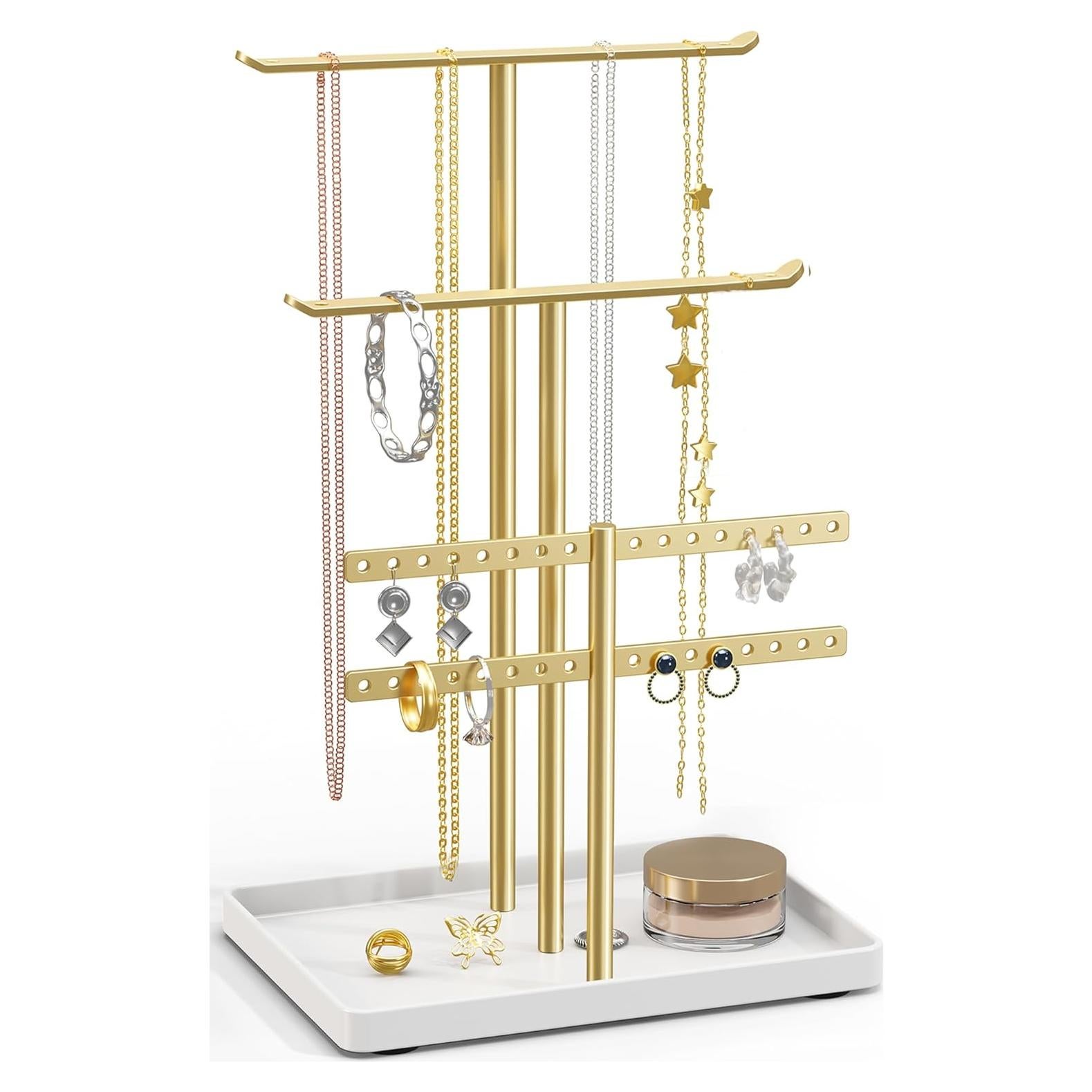 Jewelry Stand Organizer for Necklace Earring - 12.5" Sturdy Metal, 3-TierJewelry Holder for Bracelet, Ring Display and Storage, Gold