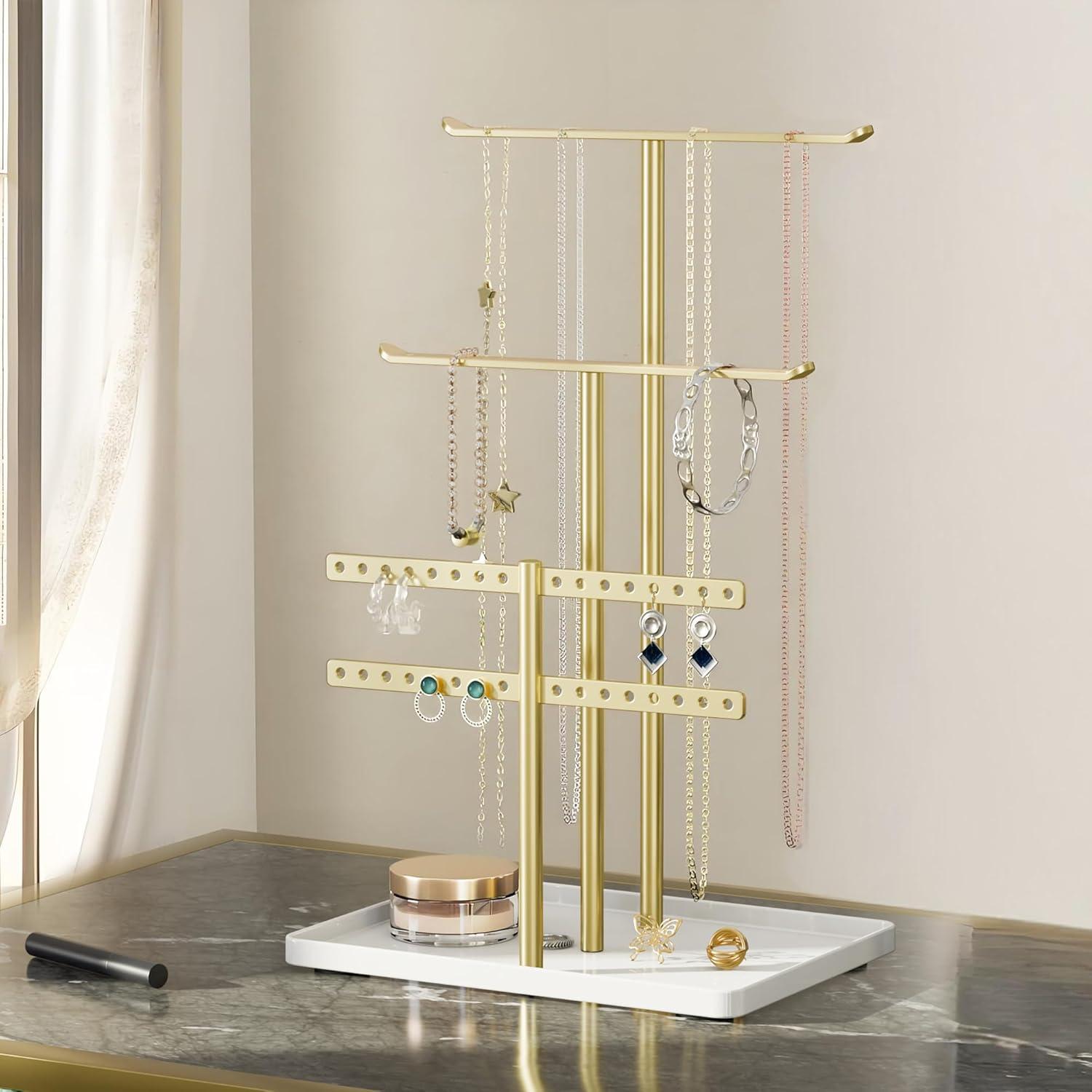 Jewelry Stand Organizer for Necklace Earring - 12.5" Sturdy Metal, 3-TierJewelry Holder for Bracelet, Ring Display and Storage, Gold