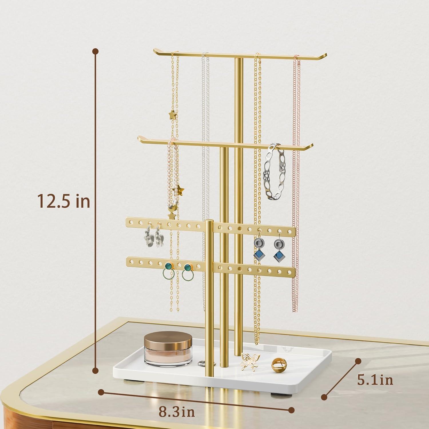 Jewelry Stand Organizer for Necklace Earring - 12.5" Sturdy Metal, 3-TierJewelry Holder for Bracelet, Ring Display and Storage, Gold