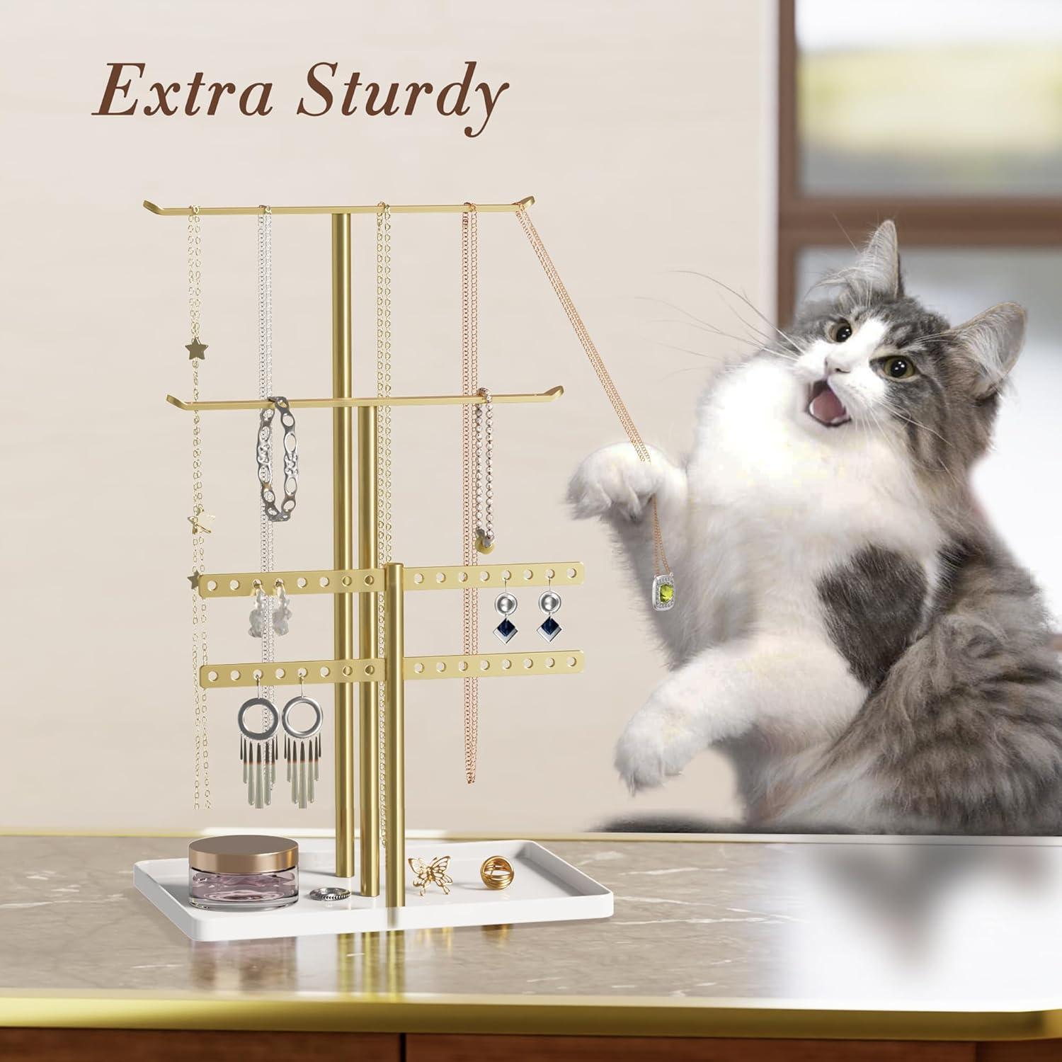 Jewelry Stand Organizer for Necklace Earring - 12.5" Sturdy Metal, 3-TierJewelry Holder for Bracelet, Ring Display and Storage, Gold