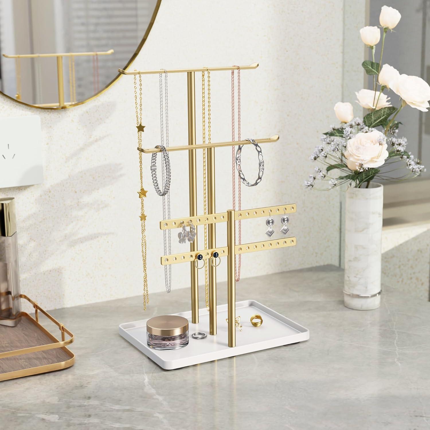 Jewelry Stand Organizer for Necklace Earring - 12.5" Sturdy Metal, 3-TierJewelry Holder for Bracelet, Ring Display and Storage, Gold