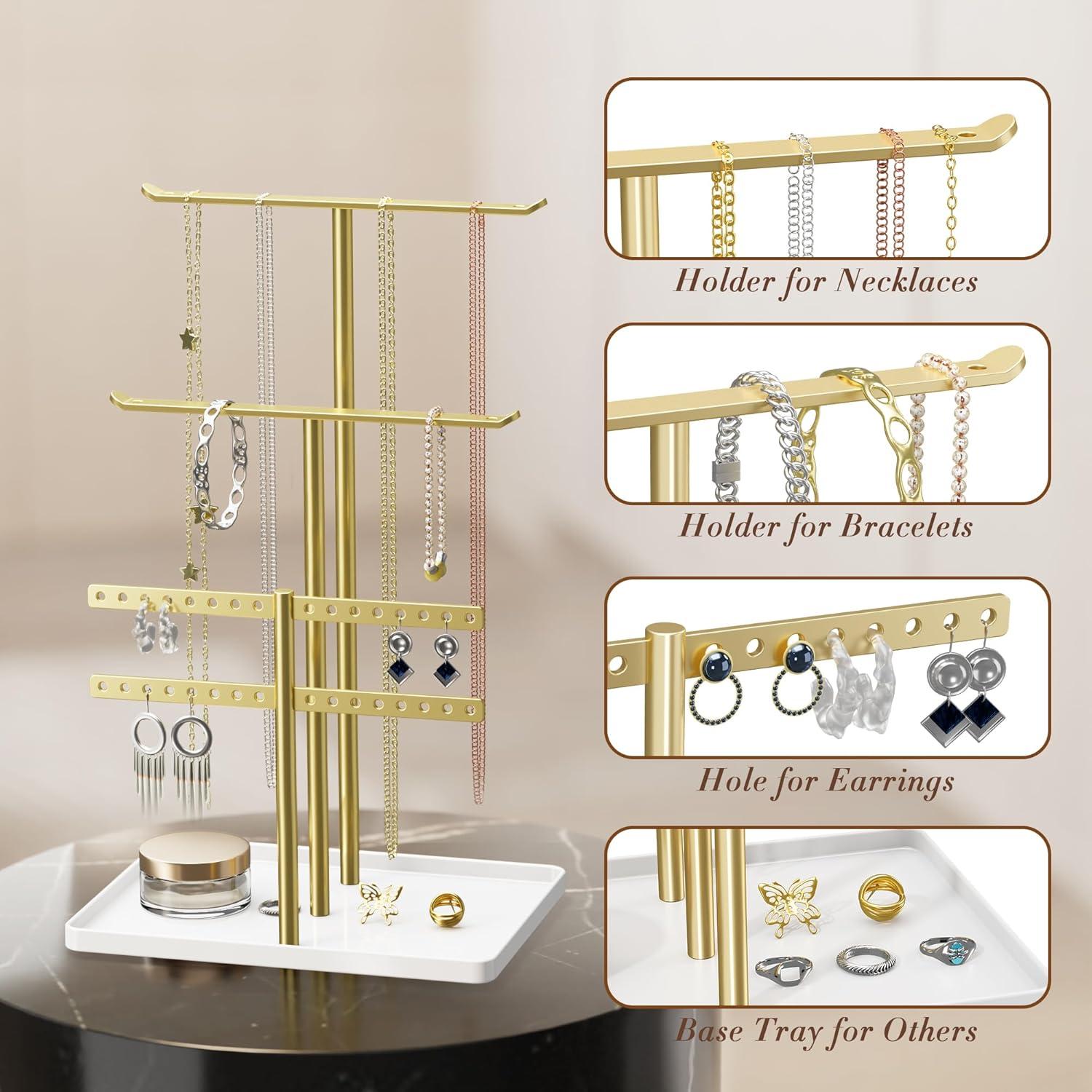 Jewelry Stand Organizer for Necklace Earring - 12.5" Sturdy Metal, 3-TierJewelry Holder for Bracelet, Ring Display and Storage, Gold