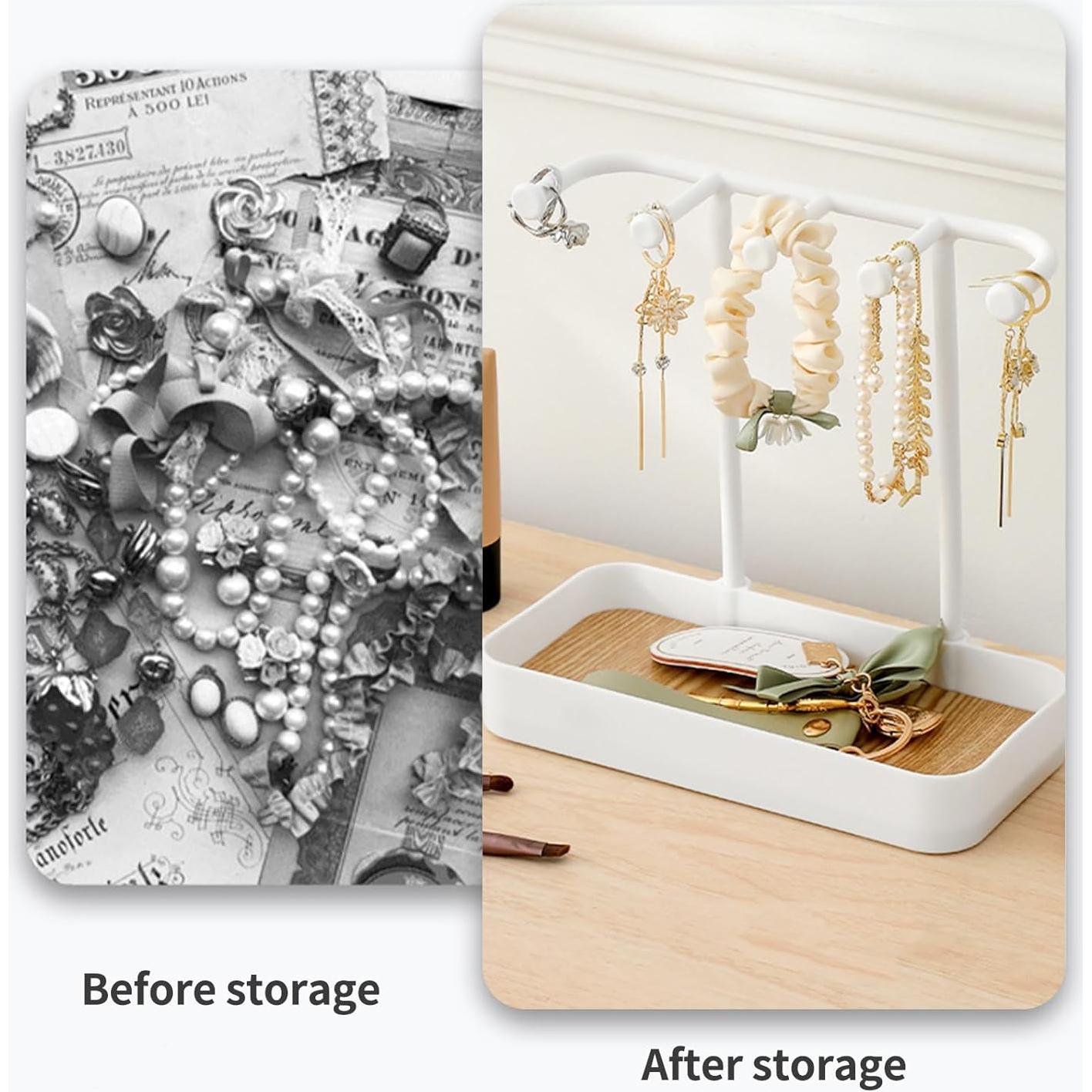 Soporte Organizador de Joyería BXDOW Blanco con Bandeja y Ganchos