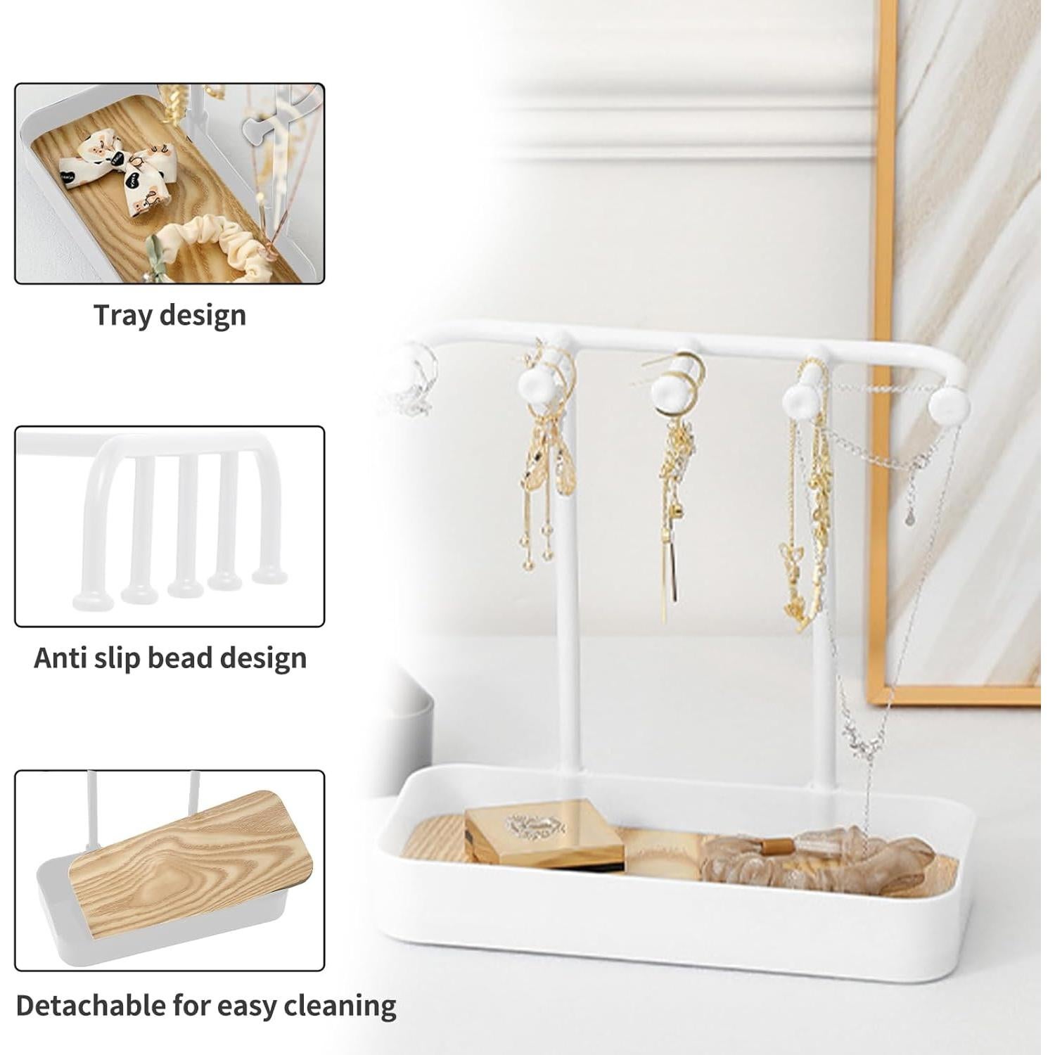 Soporte Organizador de Joyería BXDOW Blanco con Bandeja y Ganchos