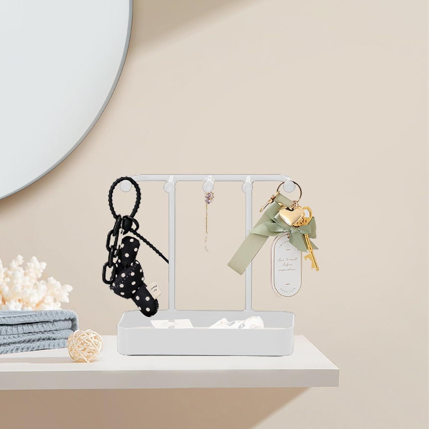 Soporte Organizador de Joyería BXDOW Blanco con Bandeja y Ganchos