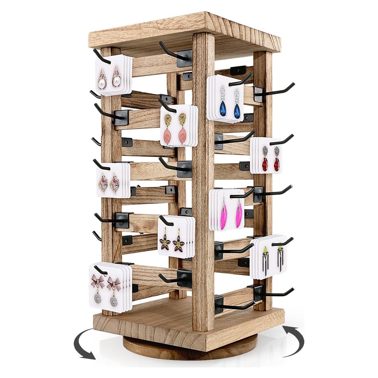 Fumingpal Wood Rotating Jewelry Display Stand, Wooden Earring Display Stands with 40 Removable Hooks, 5-Tier Jewelry Organizer for Earring Cards, Necklaces, Bracelets, Keychains (Square Shape)