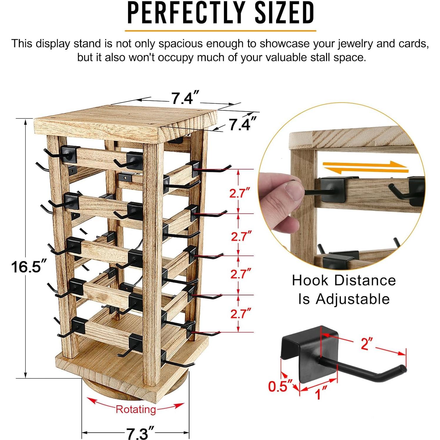 Fumingpal Wood Rotating Jewelry Display Stand, Wooden Earring Display Stands with 40 Removable Hooks, 5-Tier Jewelry Organizer for Earring Cards, Necklaces, Bracelets, Keychains (Square Shape)