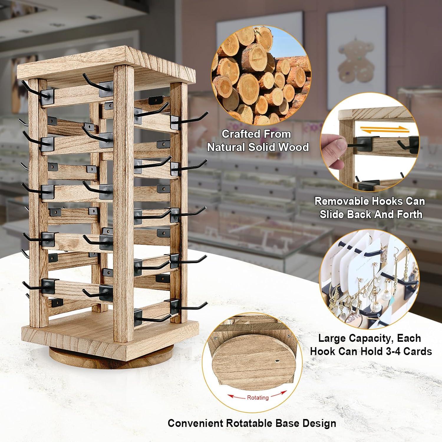 Fumingpal Wood Rotating Jewelry Display Stand, Wooden Earring Display Stands with 40 Removable Hooks, 5-Tier Jewelry Organizer for Earring Cards, Necklaces, Bracelets, Keychains (Square Shape)