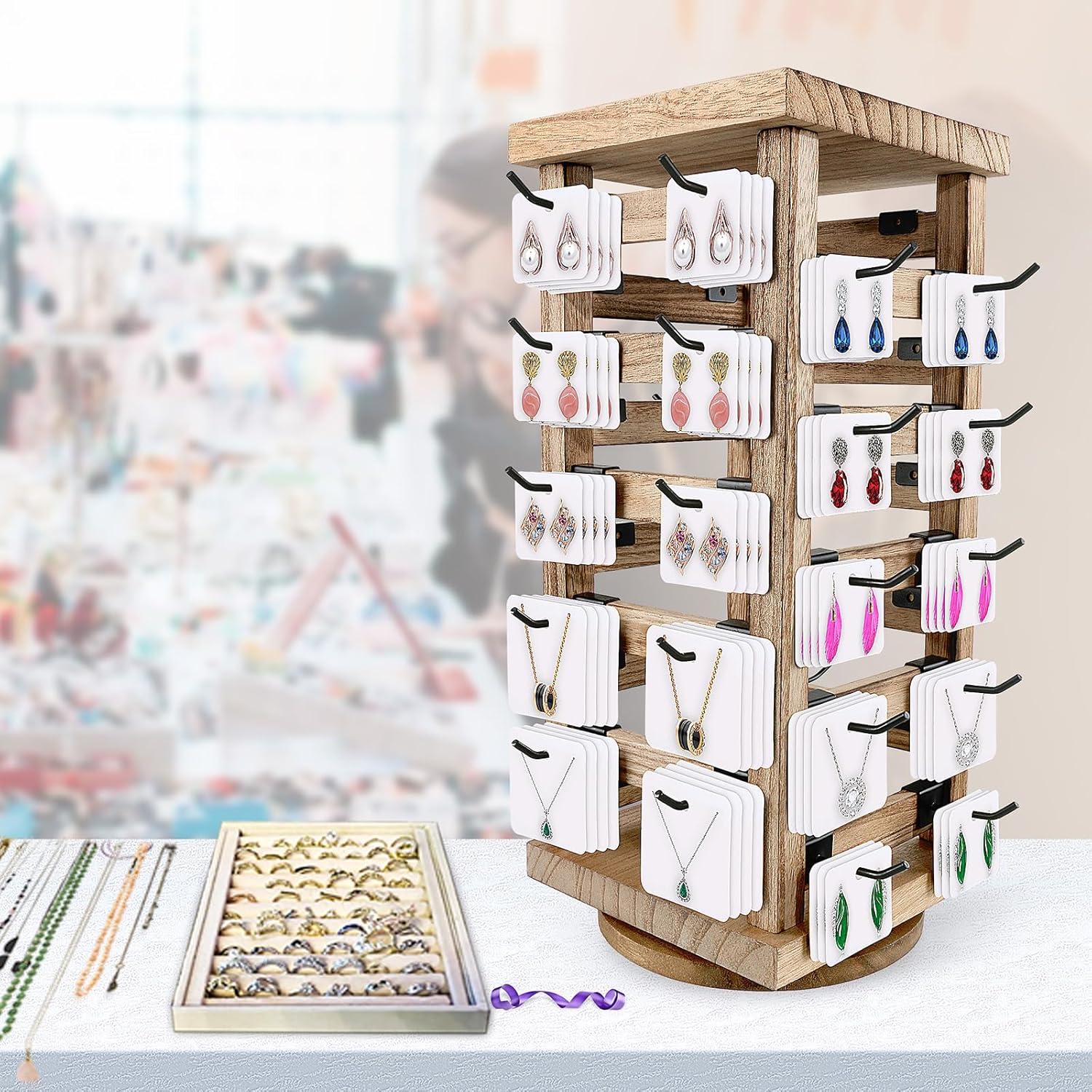 Fumingpal Wood Rotating Jewelry Display Stand, Wooden Earring Display Stands with 40 Removable Hooks, 5-Tier Jewelry Organizer for Earring Cards, Necklaces, Bracelets, Keychains (Square Shape)