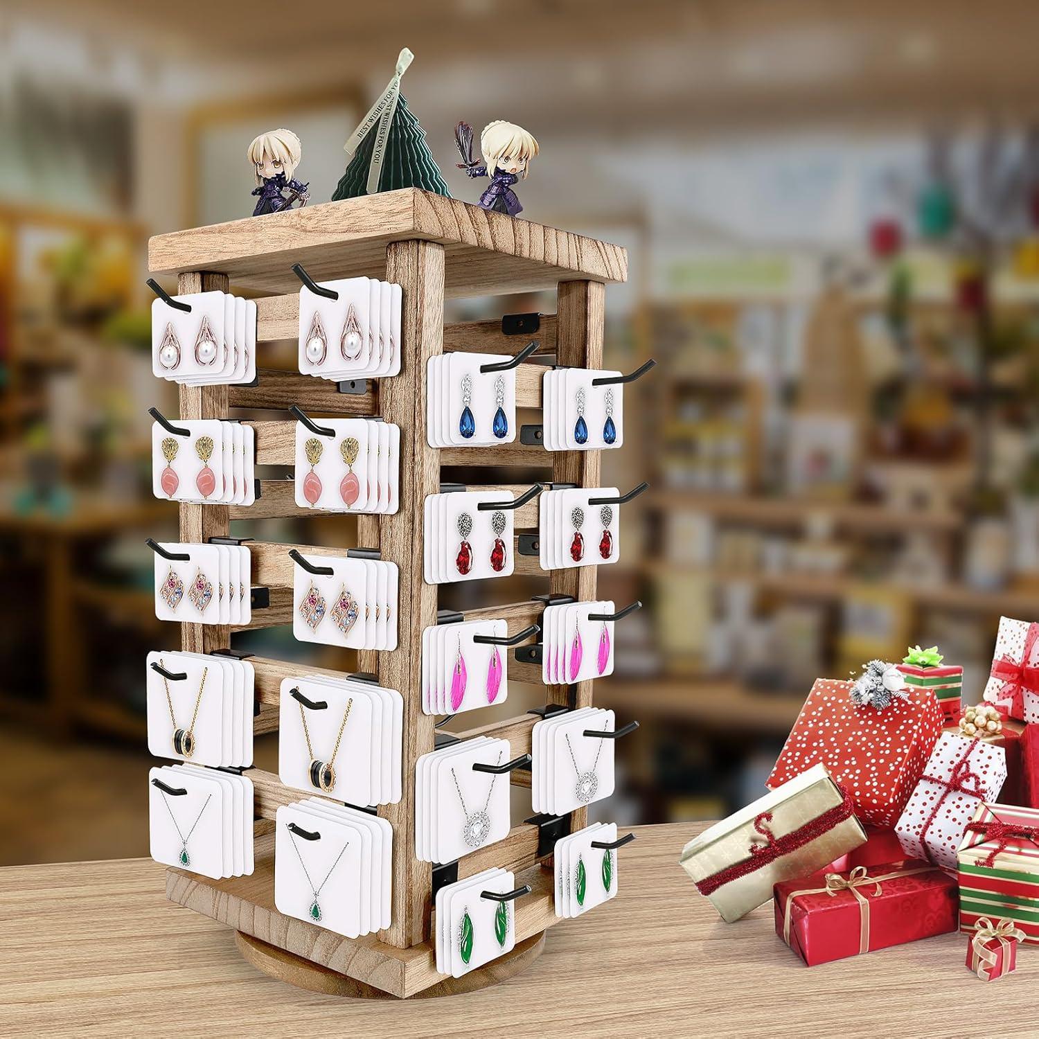 Fumingpal Wood Rotating Jewelry Display Stand, Wooden Earring Display Stands with 40 Removable Hooks, 5-Tier Jewelry Organizer for Earring Cards, Necklaces, Bracelets, Keychains (Square Shape)