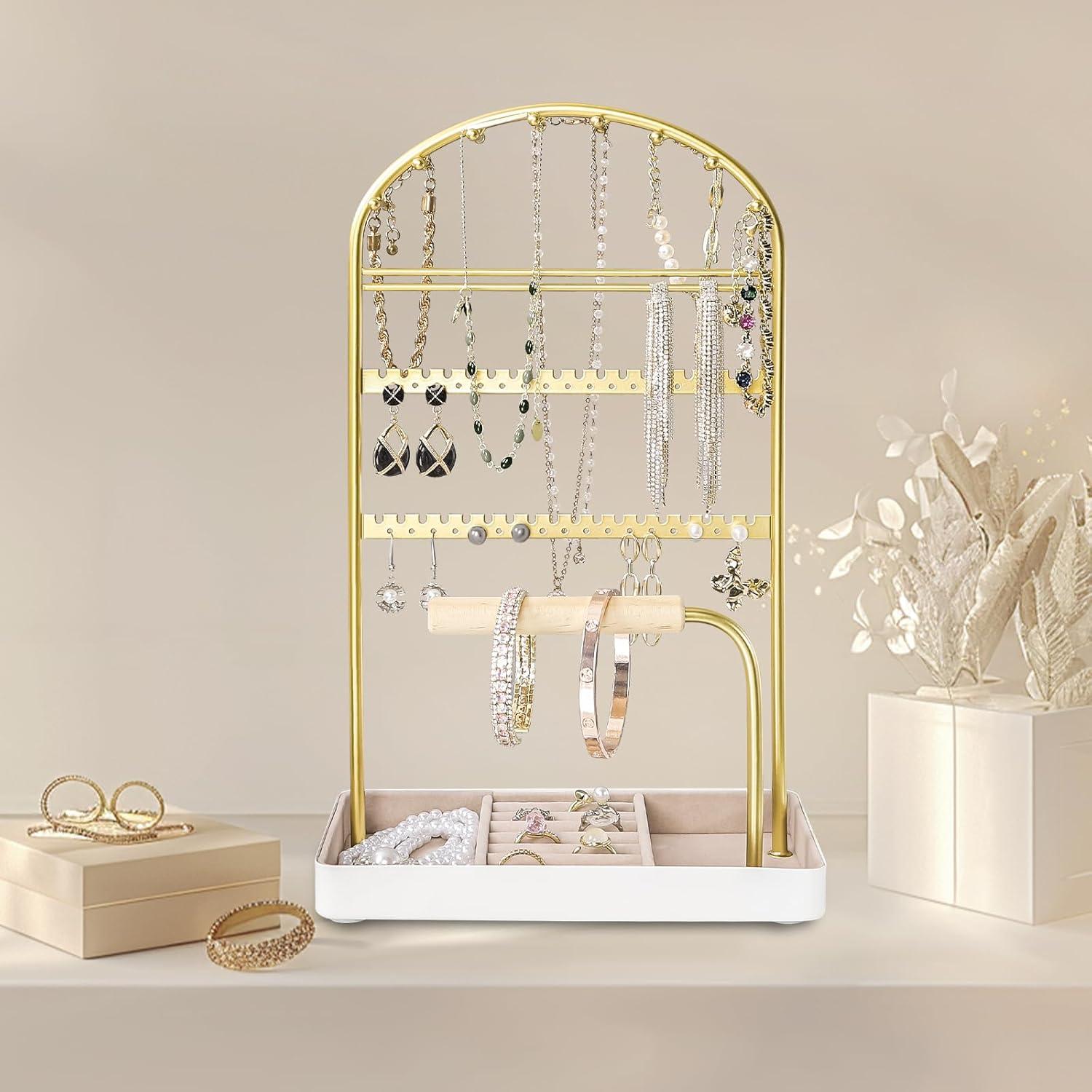 Soporte Organizador de Joyería Saydear Blanco y Dorado 7 Compartimentos