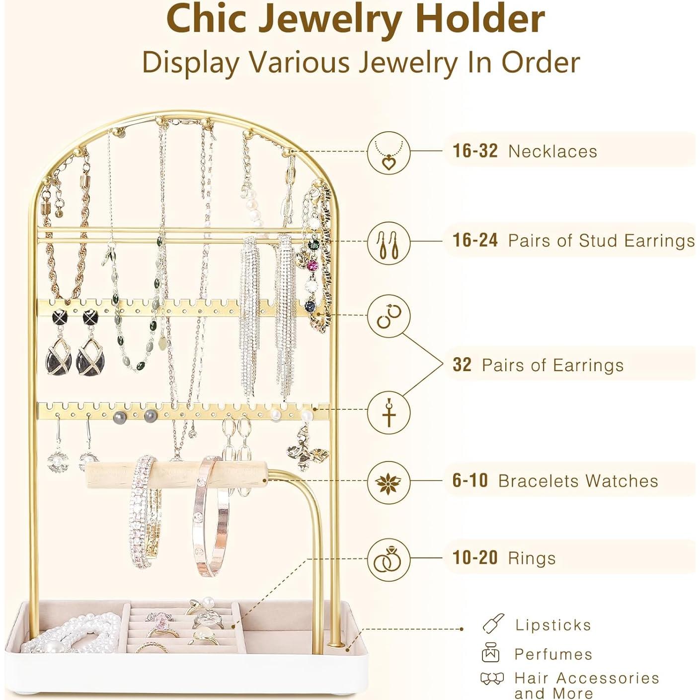 Soporte Organizador de Joyería Saydear Blanco y Dorado 7 Compartimentos