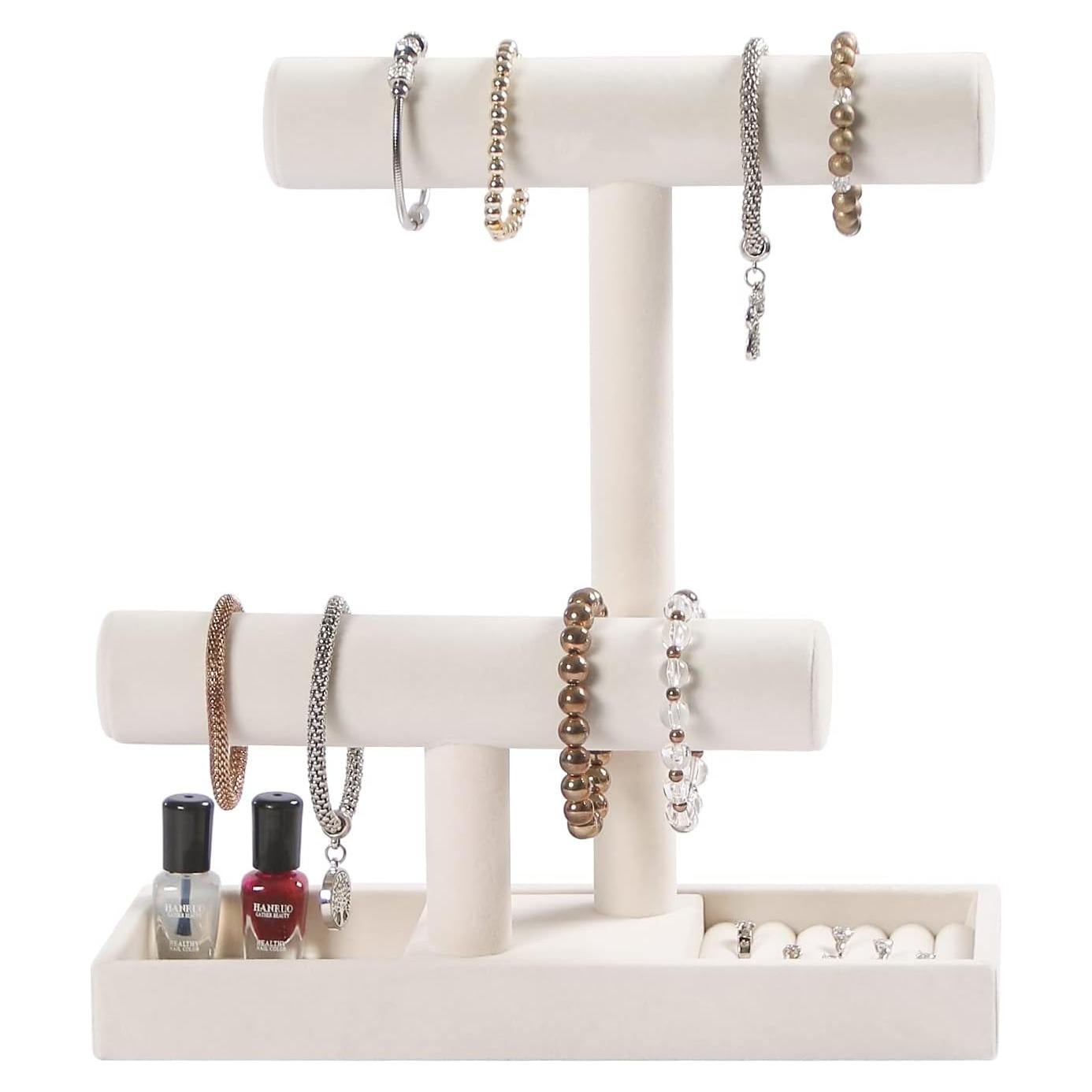 Soporte Organizador de Joyería 2 Niveles Pengup Beige Terciopelo