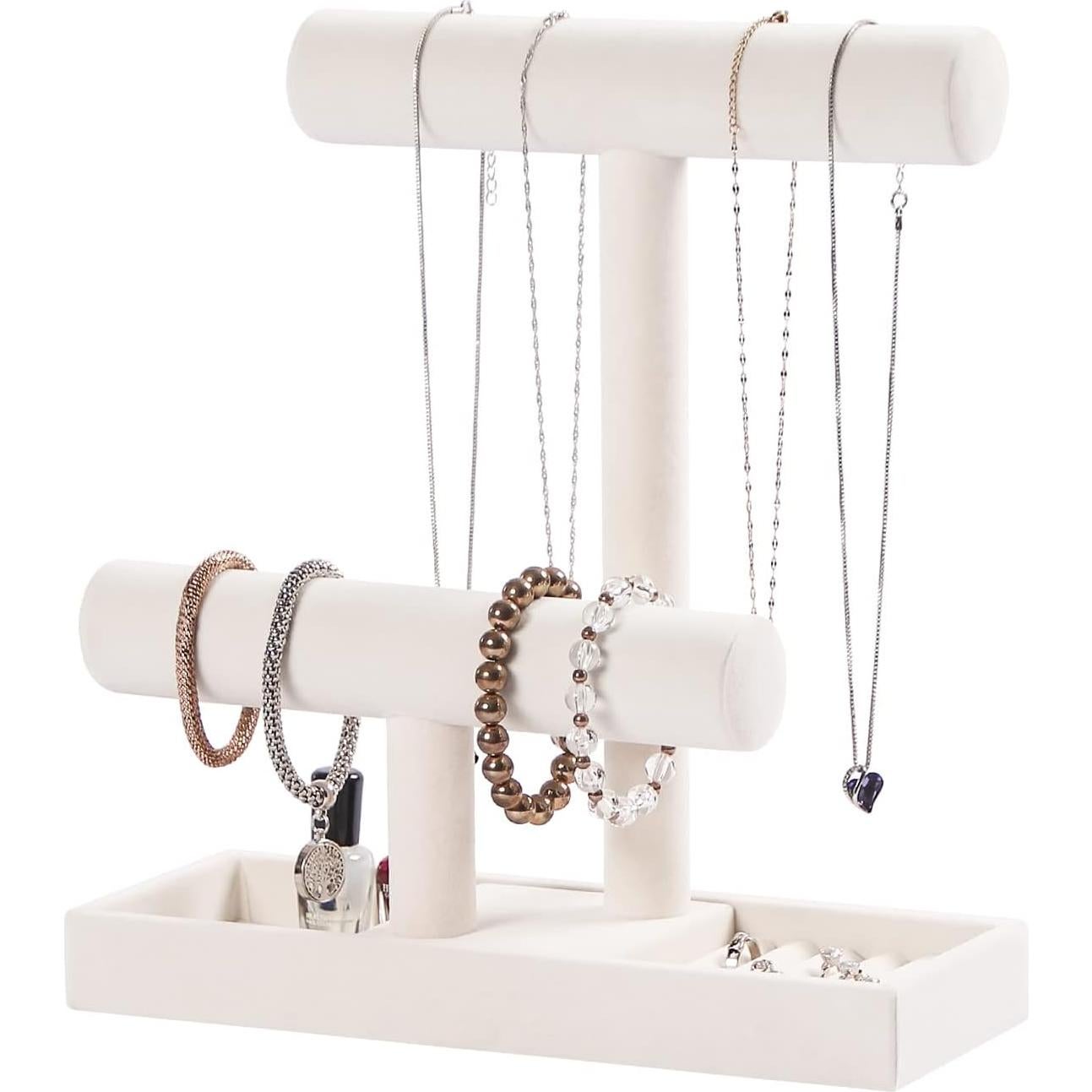 Soporte Organizador de Joyería 2 Niveles Pengup Beige Terciopelo