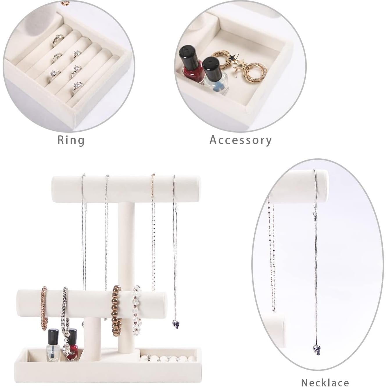 Soporte Organizador de Joyería 2 Niveles Pengup Beige Terciopelo