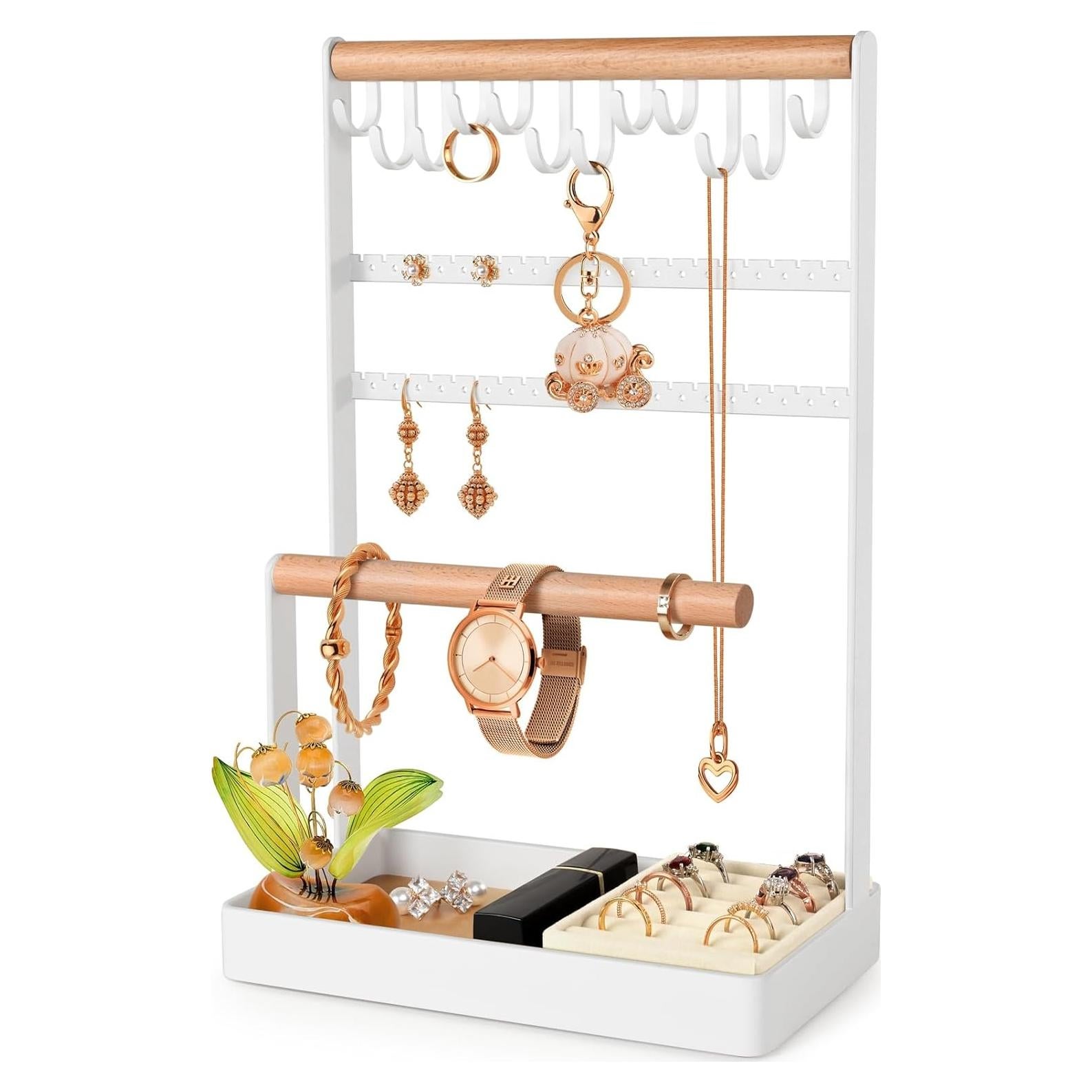 Soporte de Joyería PAMANO Madera Clara 5 Niveles con Ganchos