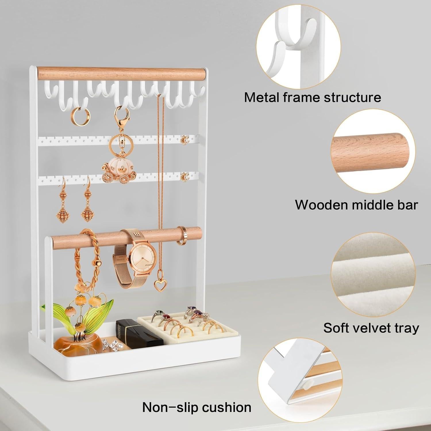 Soporte de Joyería PAMANO Madera Clara 5 Niveles con Ganchos