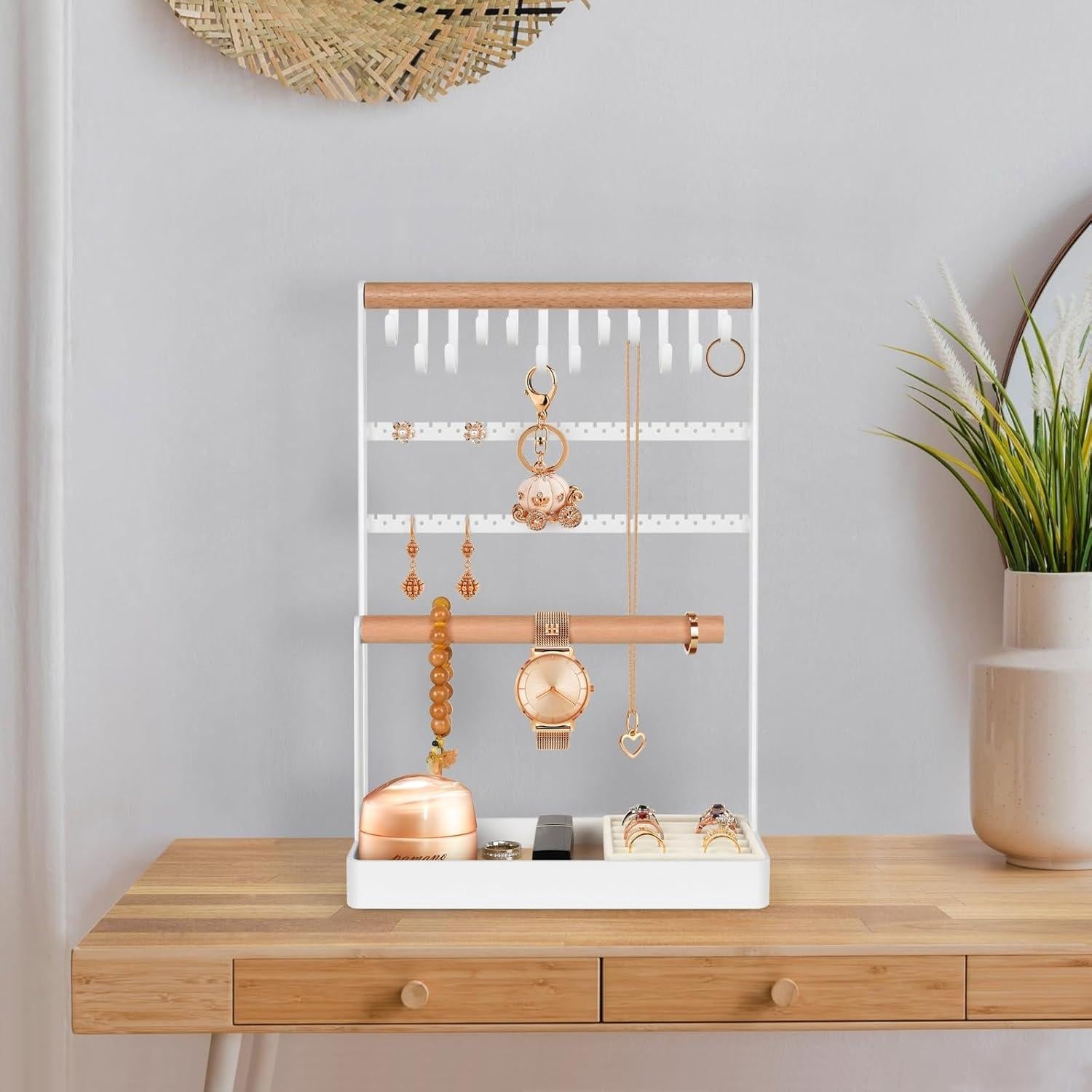 Soporte de Joyería PAMANO Madera Clara 5 Niveles con Ganchos