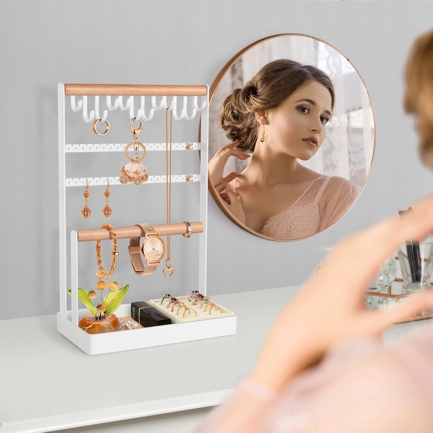 Soporte de Joyería PAMANO Madera Clara 5 Niveles con Ganchos