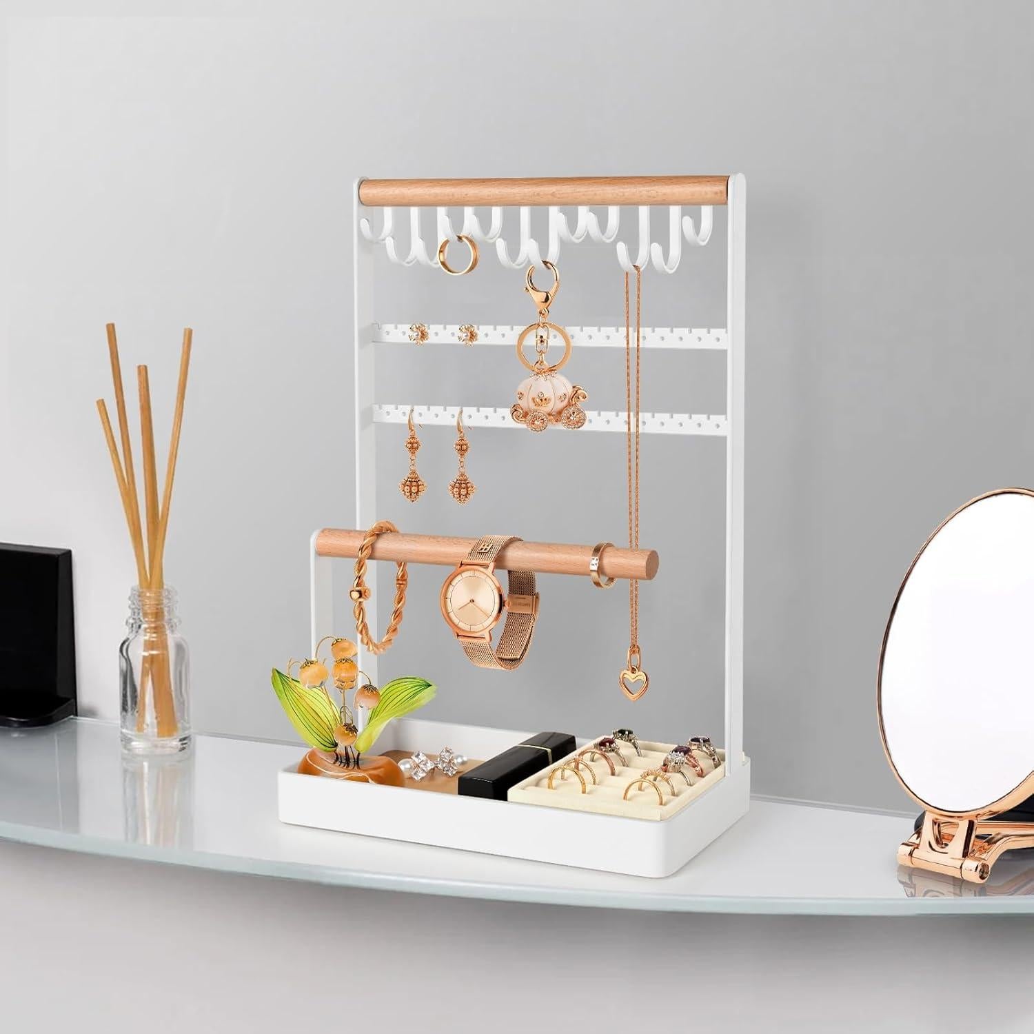 Soporte de Joyería PAMANO Madera Clara 5 Niveles con Ganchos