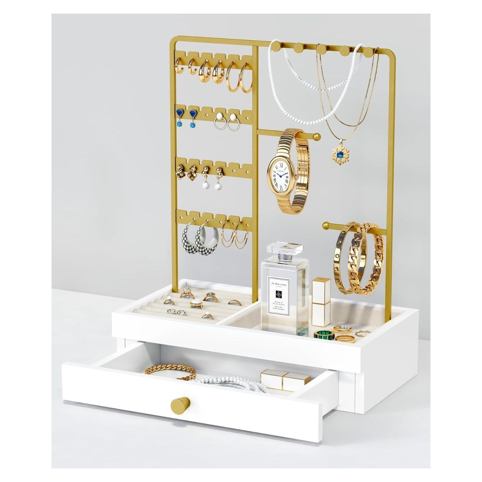 Organizador de Joyería Goozii Blanco y Oro con Cajón y Soporte