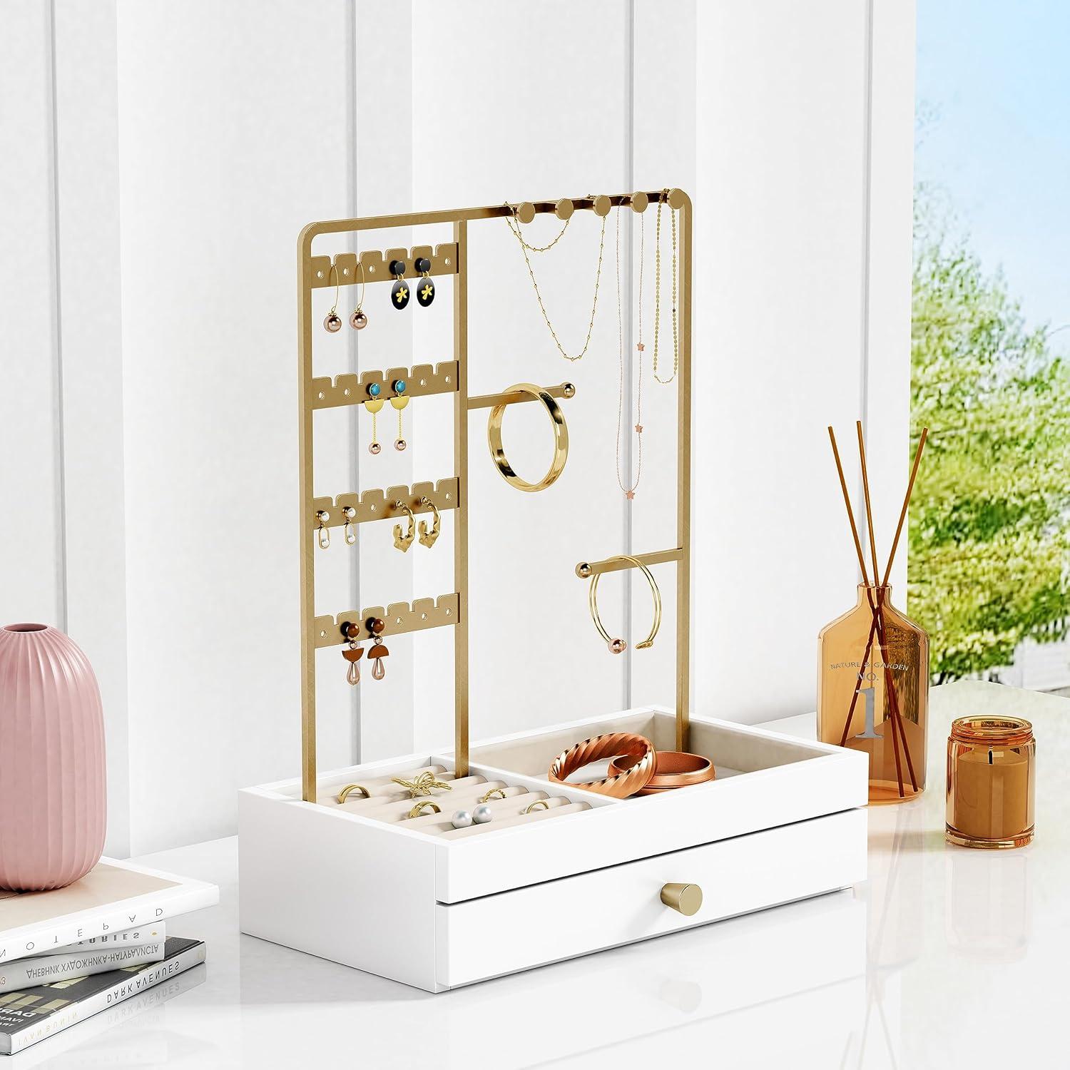 Organizador de Joyería Goozii Blanco y Oro con Cajón y Soporte