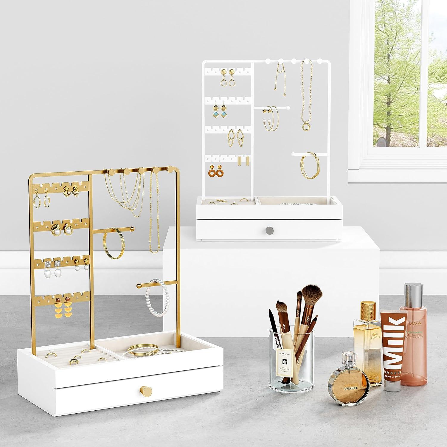 Organizador de Joyería Goozii Blanco y Oro con Cajón y Soporte