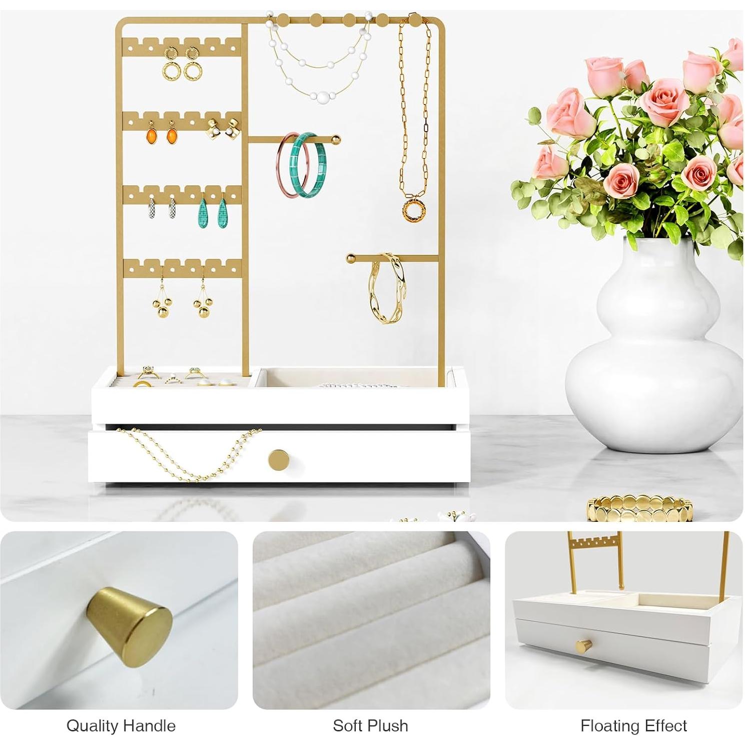 Organizador de Joyería Goozii Blanco y Oro con Cajón y Soporte