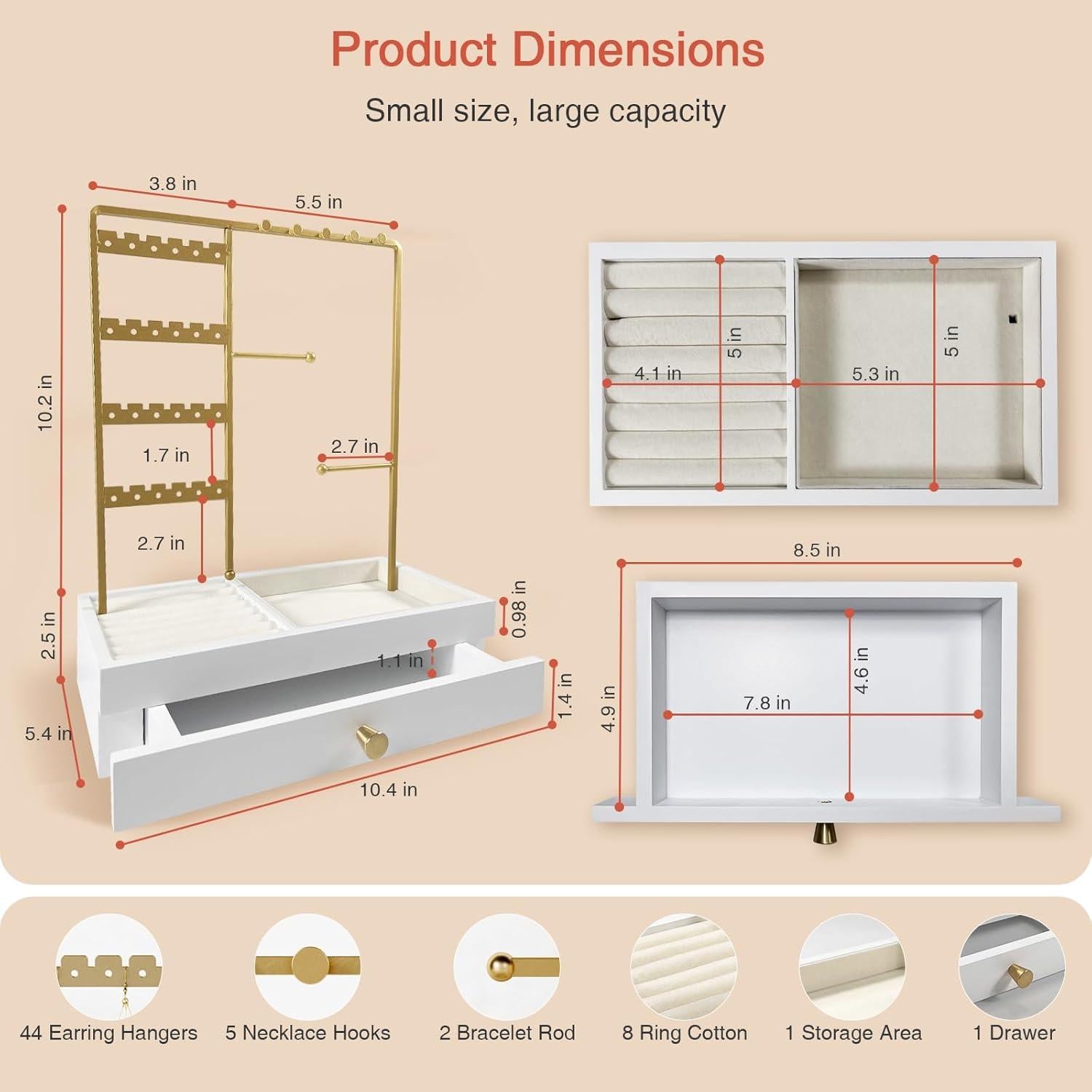 Organizador de Joyería Goozii Blanco y Oro con Cajón y Soporte