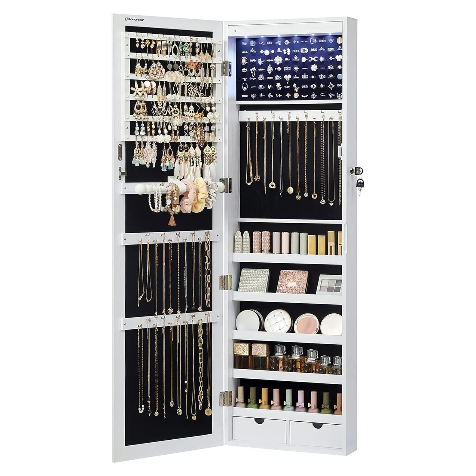 Armario de Joyería SONGMICS con Espejo y 6 LEDs 120 cm Blanco