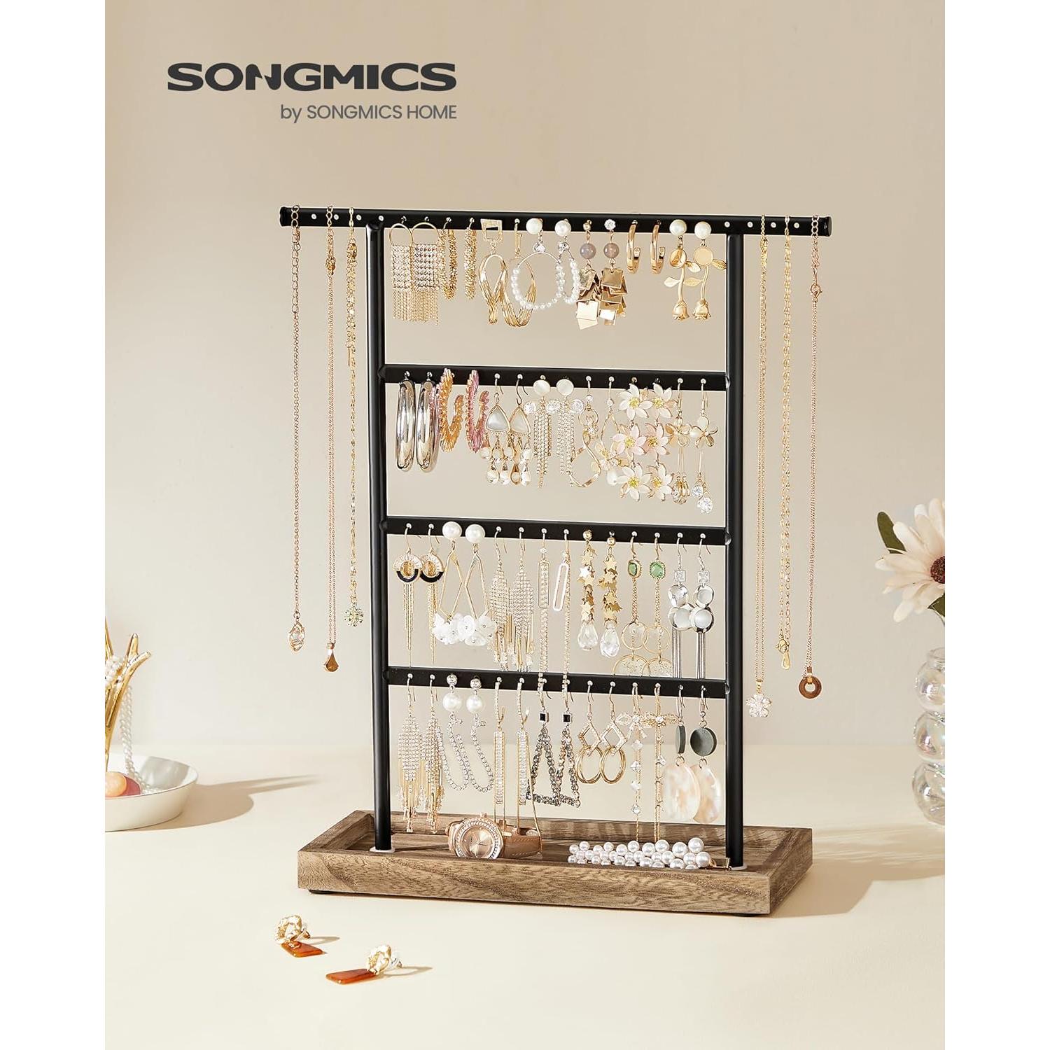 SONGMICS Jewelry Organizer, 4-Tier Earring Holder Organizer Stand with Base Tray, for Studs and Necklaces, Vintage, Christmas Gift, Wood Color and Black UJJS019B01