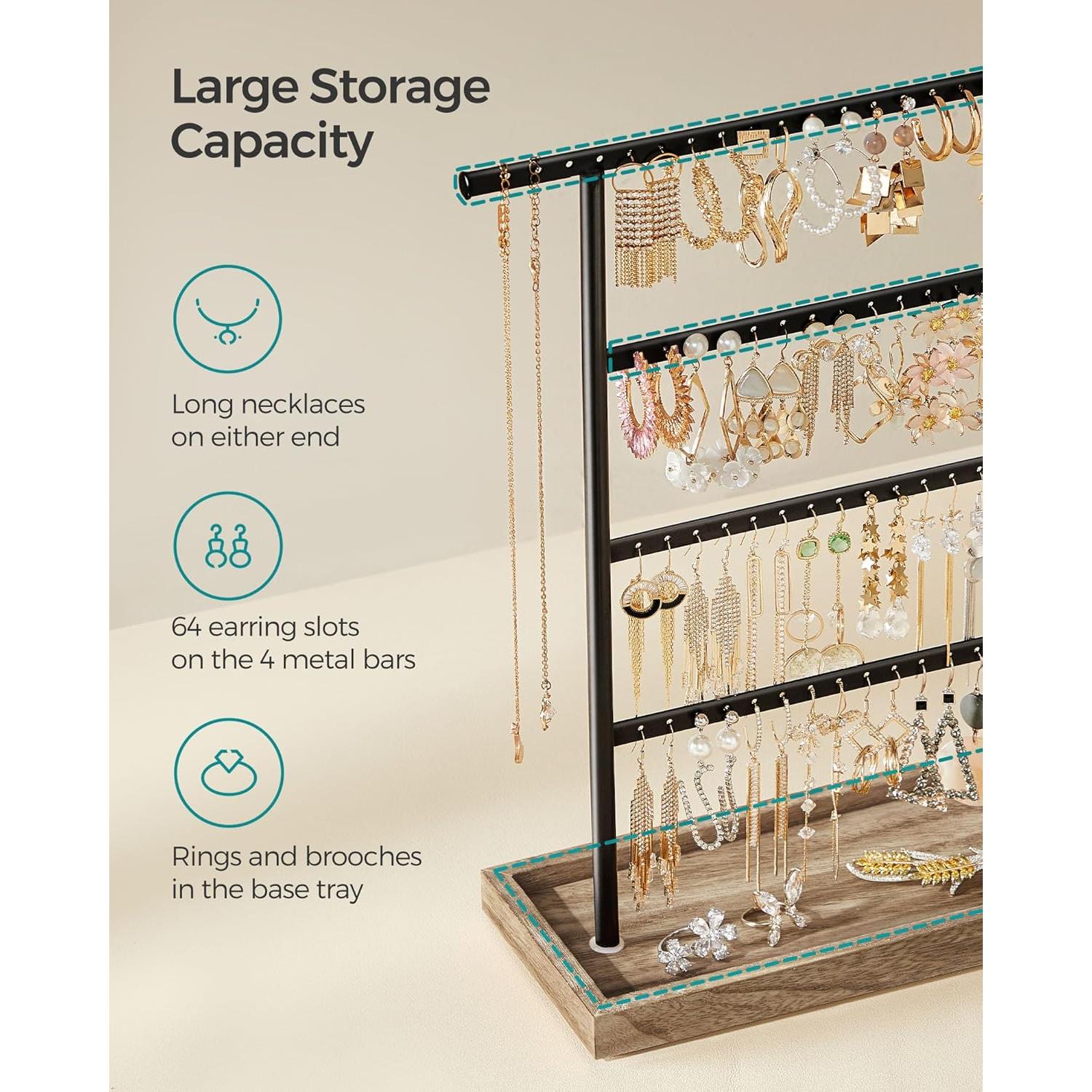 SONGMICS Jewelry Organizer, 4-Tier Earring Holder Organizer Stand with Base Tray, for Studs and Necklaces, Vintage, Christmas Gift, Wood Color and Black UJJS019B01