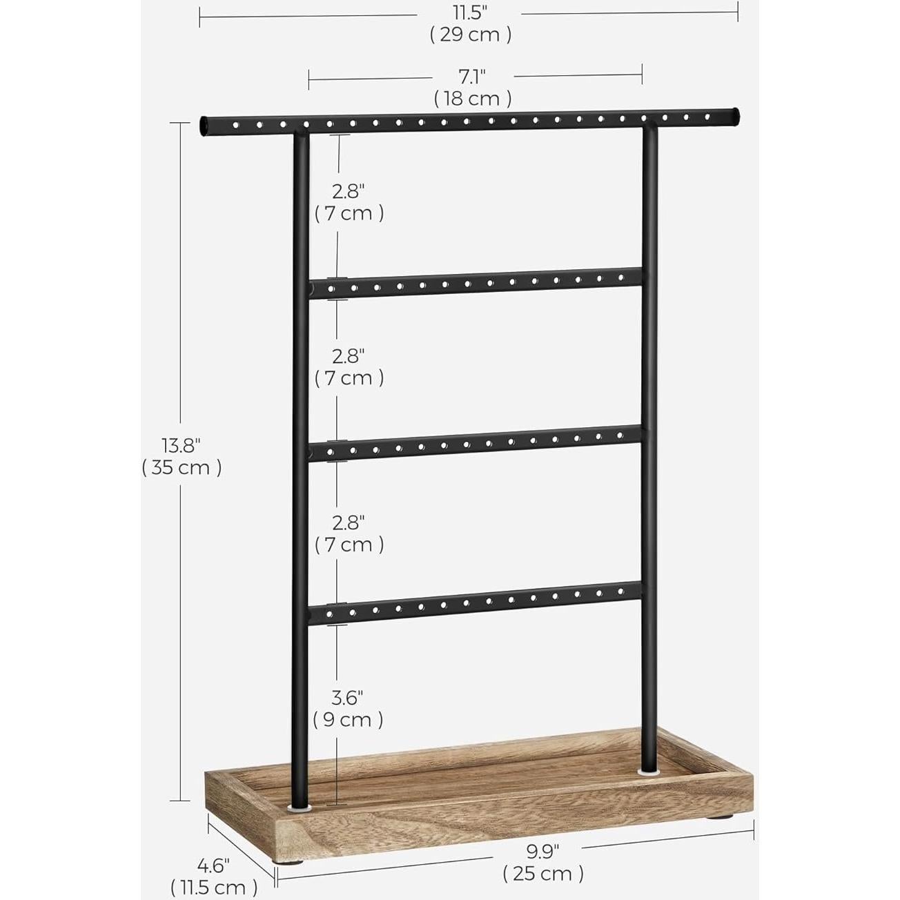 SONGMICS Jewelry Organizer, 4-Tier Earring Holder Organizer Stand with Base Tray, for Studs and Necklaces, Vintage, Christmas Gift, Wood Color and Black UJJS019B01