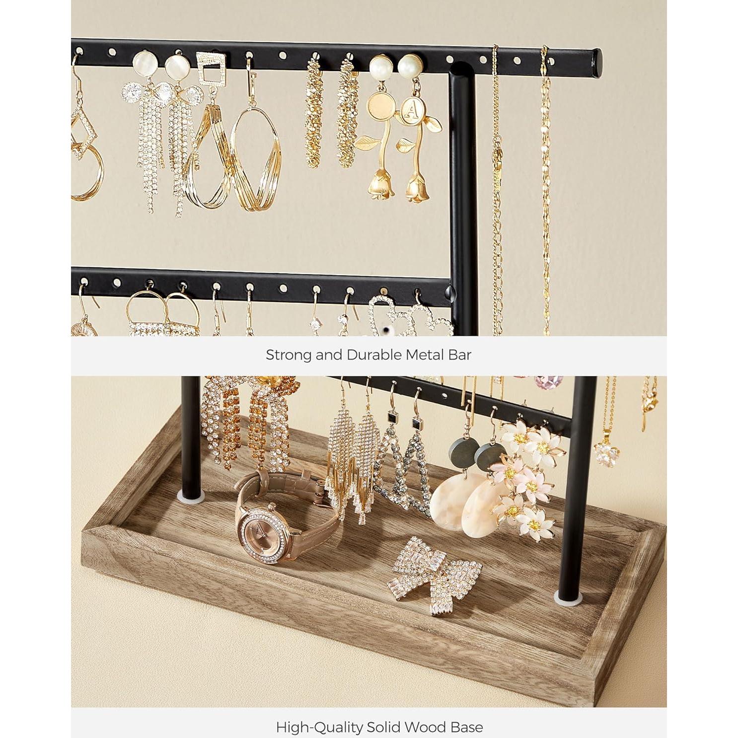 SONGMICS Jewelry Organizer, 4-Tier Earring Holder Organizer Stand with Base Tray, for Studs and Necklaces, Vintage, Christmas Gift, Wood Color and Black UJJS019B01